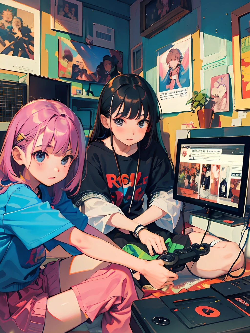 (SFW), in the nineties, two children (1girl and 1boy) playing video game consoles in a cramped, cluttered room. The walls are plastered with awards, perfect quality, clear focus, colorful, perfect face, intricate details, ultra-low viewing angle, wide-angle lens