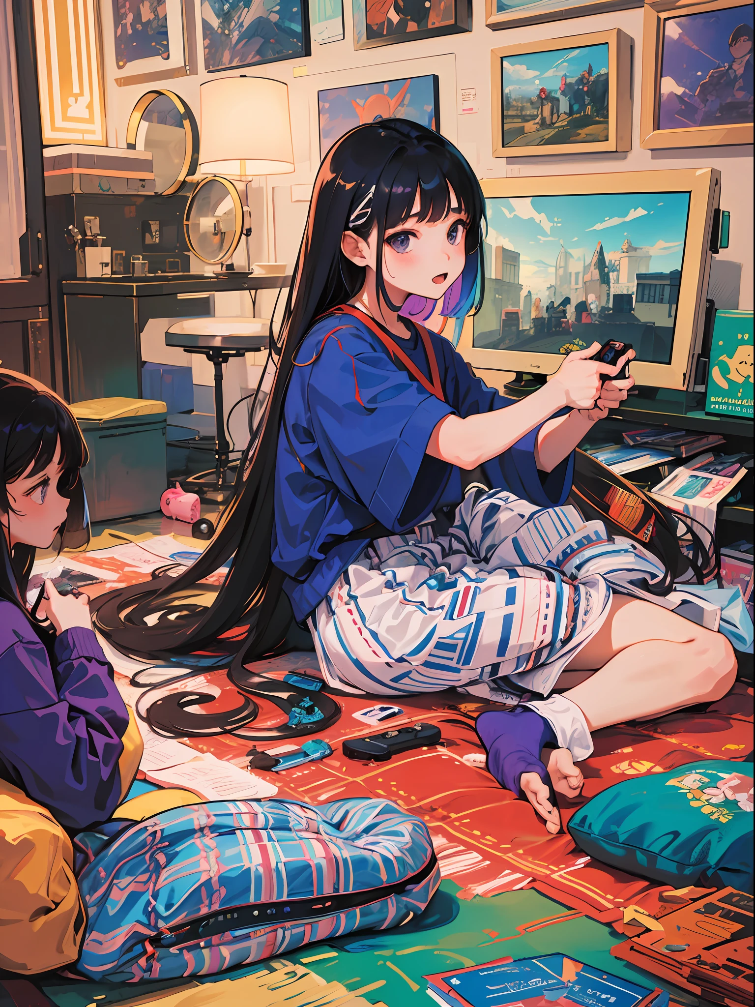 (SFW), in the nineties, two (1girl and 1boy) playing video game consoles in a cramped, cluttered room. The walls are plastered with awards, perfect quality, clear focus, colorful, perfect face, intricate details, ultra-low viewing angle, wide-angle lens