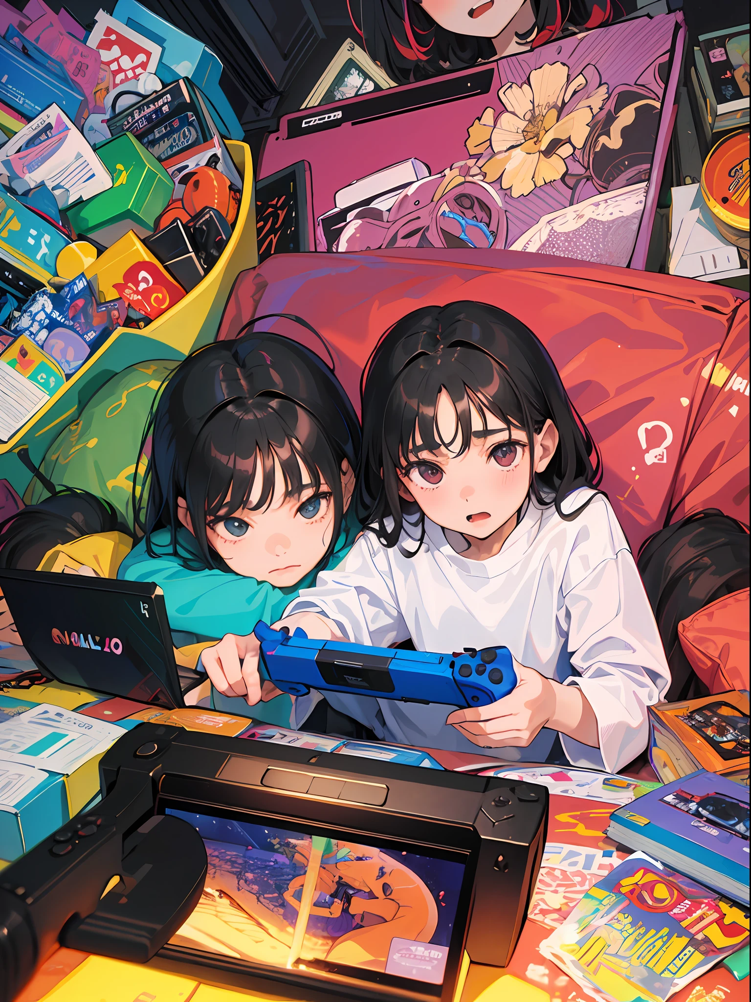 (SFW), in the nineties, two children (1girl and 1boy) playing video game consoles in a cramped, cluttered room. The walls are plastered with awards, perfect quality, clear focus, colorful, perfect face, intricate details, ultra-low viewing angle, wide-angle lens
