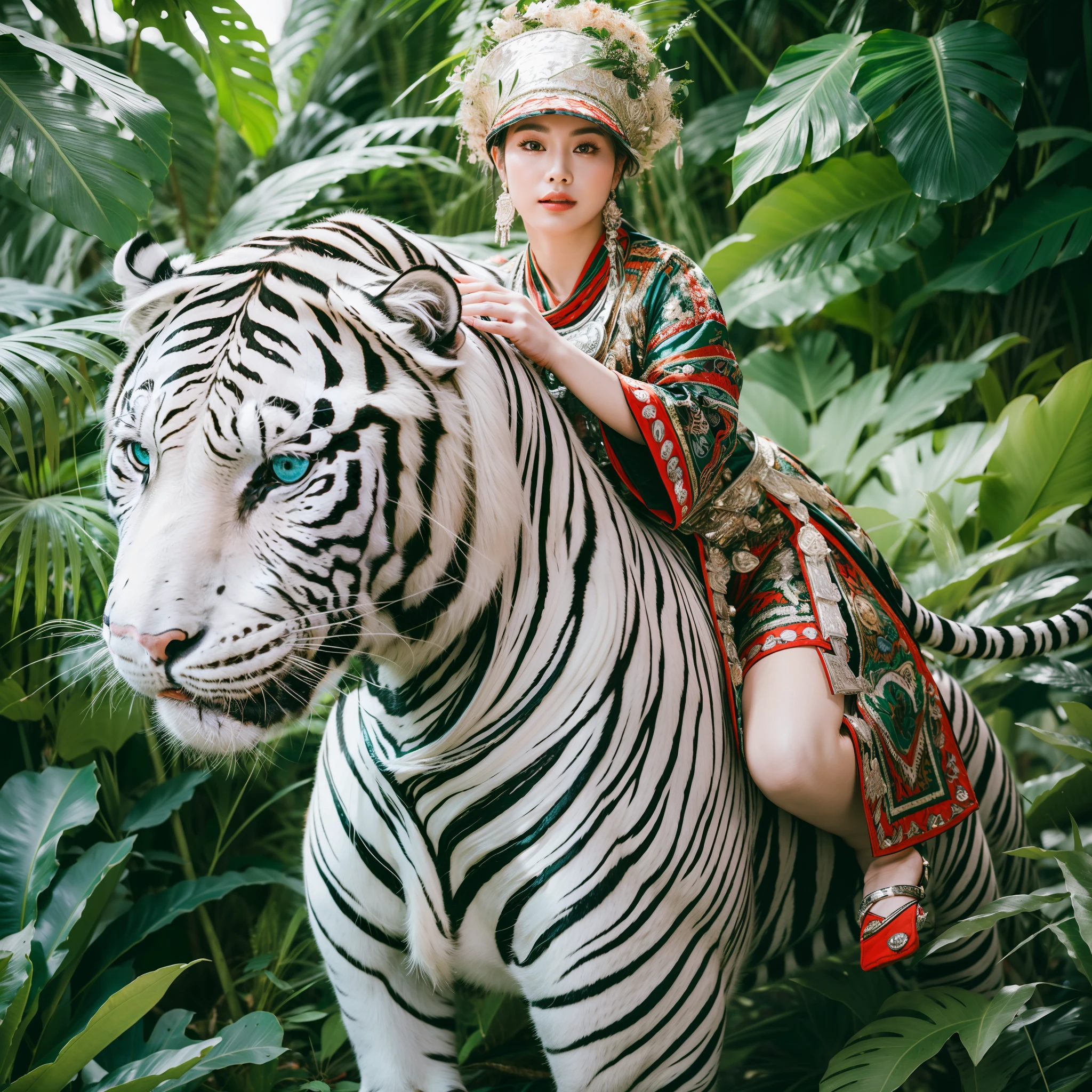 raw photo,ultra realistic,(masterpiece, 8k uhd, HDR, extreme detailed, intricate details, best quality, professional, vivid colors),

(1girl wearing costume and riding on a a white tiger in Jungle),Reins,(Traditional headwear:1.2),

((Jungle scape)),looking at viewer,dutch angle,