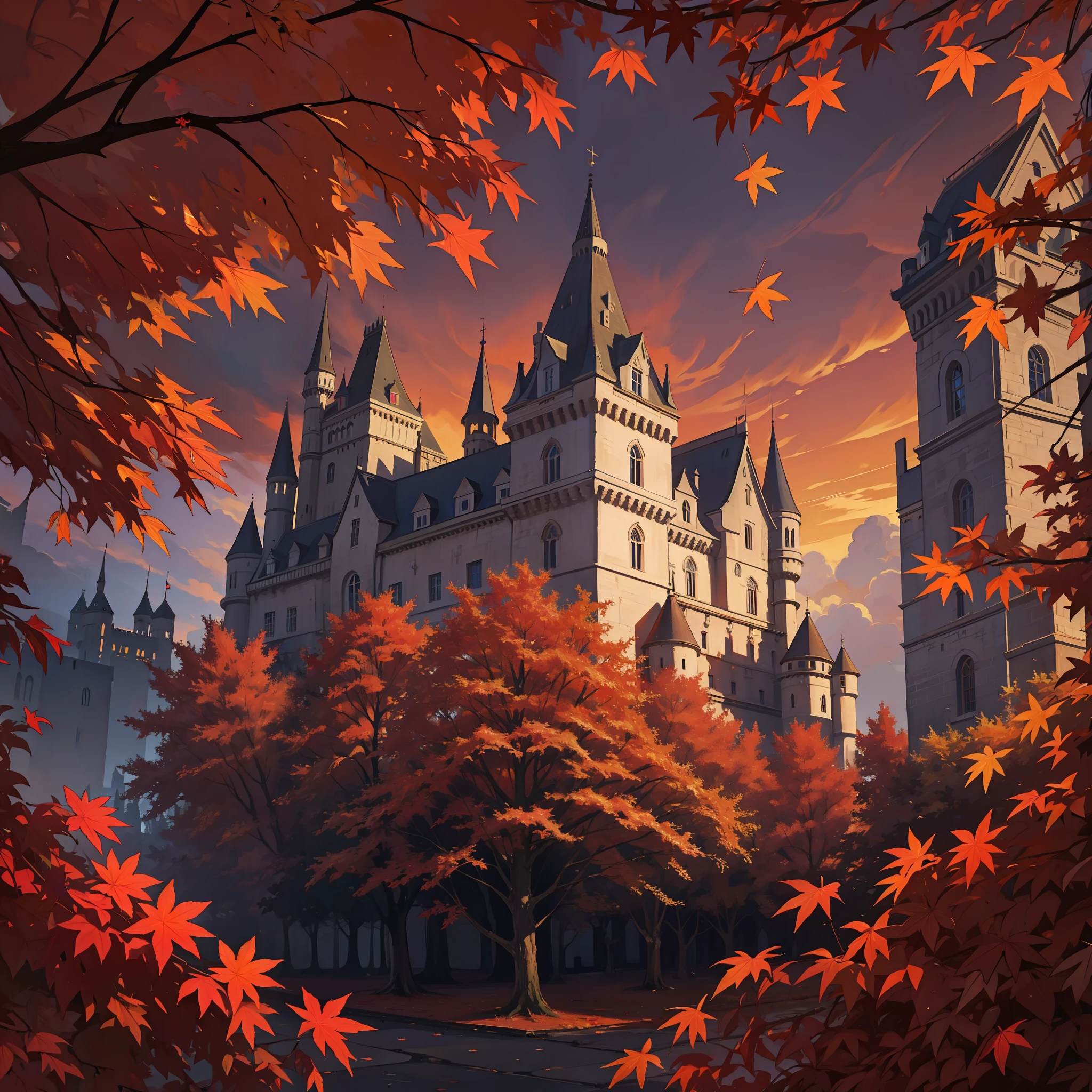 Autumn, castles, castles, red roofs, maple leaves, light and dark light, surrealism,