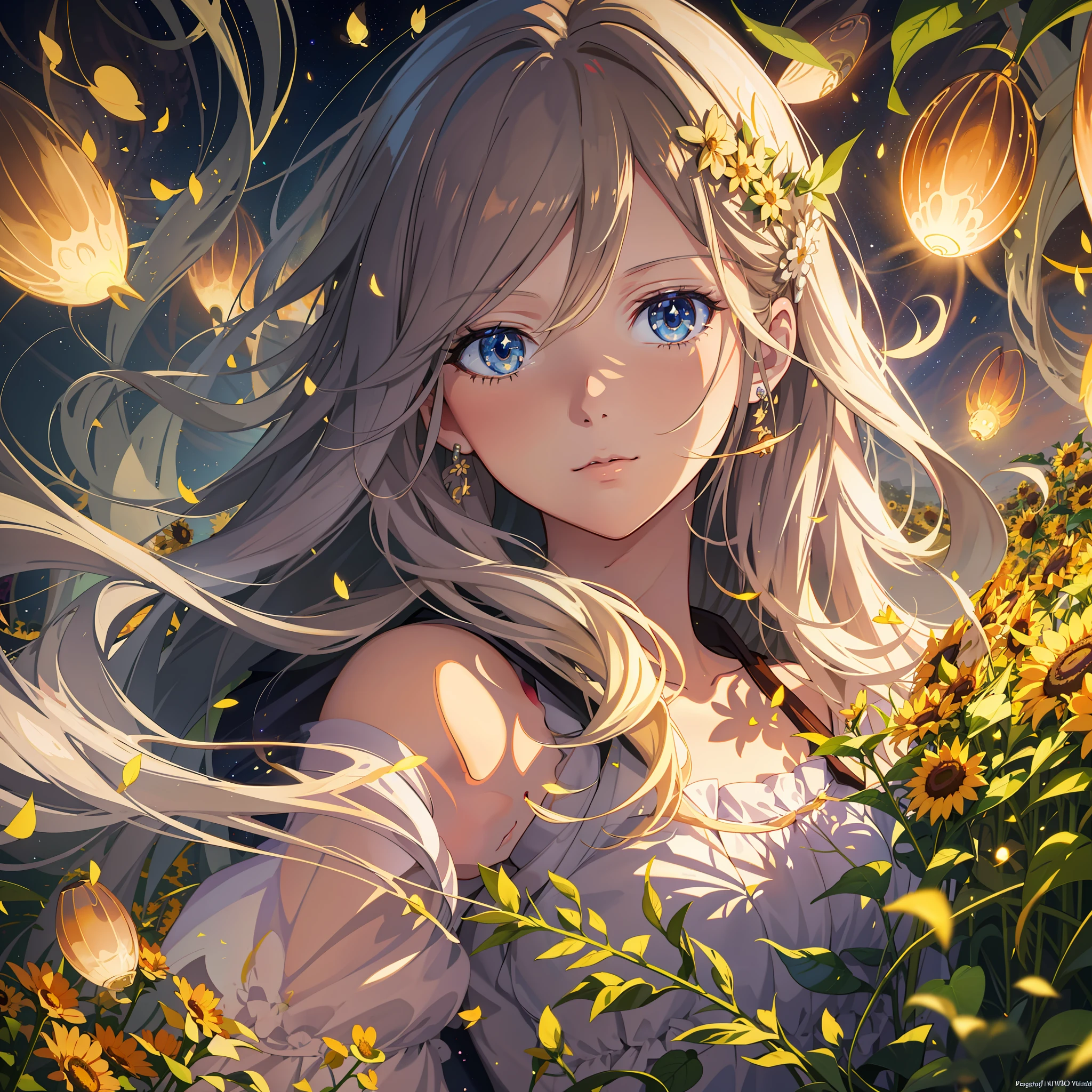 Anime girl, long hair blonde, blue eyes, beautiful flower field, detailed digital anime art, beautiful anime portrait, beautiful sunflower, stunning anime face portrait, beautiful anime fantasy, fireflies and sparkling wisps, detailed depicted anime girl, field scene, colorful and detailed fantasy anime, twinkling light, beautiful digital art, beautiful artwork illustration.