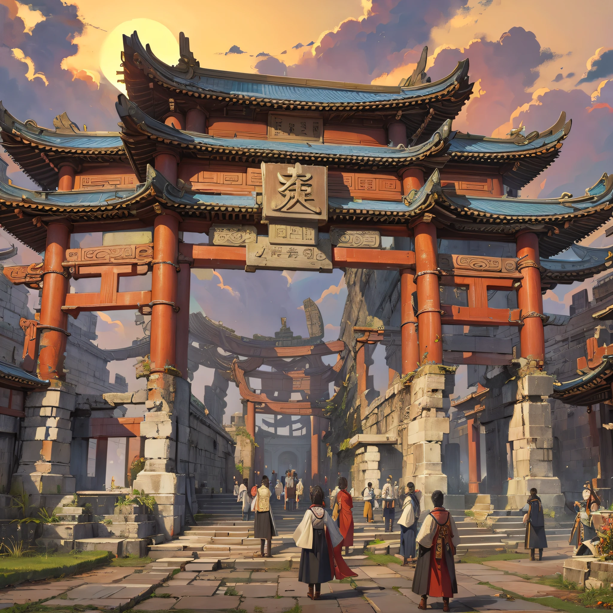 An ancient mechanically complex ruins of an oriental temple, grand scale, Chinese, super complex structure, old, dirty, dusk, cloudy, full of people in ancient Chinese clothing, --auto --s2