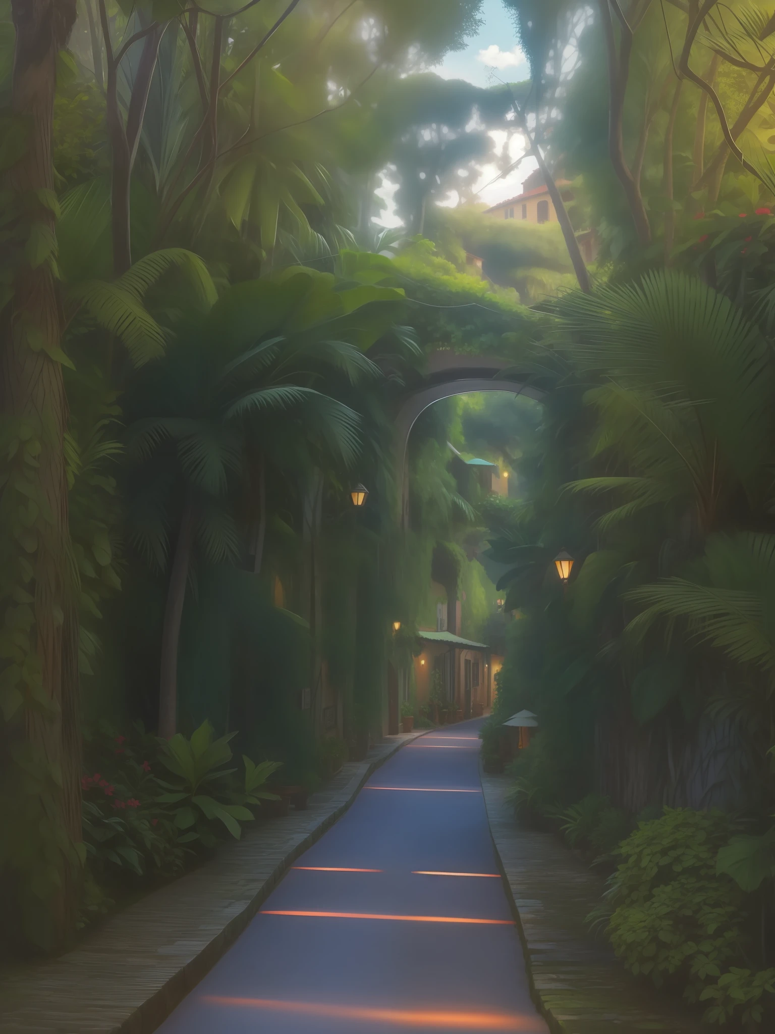 Tropical forest with a path in the middle, vibrance, Italian village with restaurants and warm lights in the distance