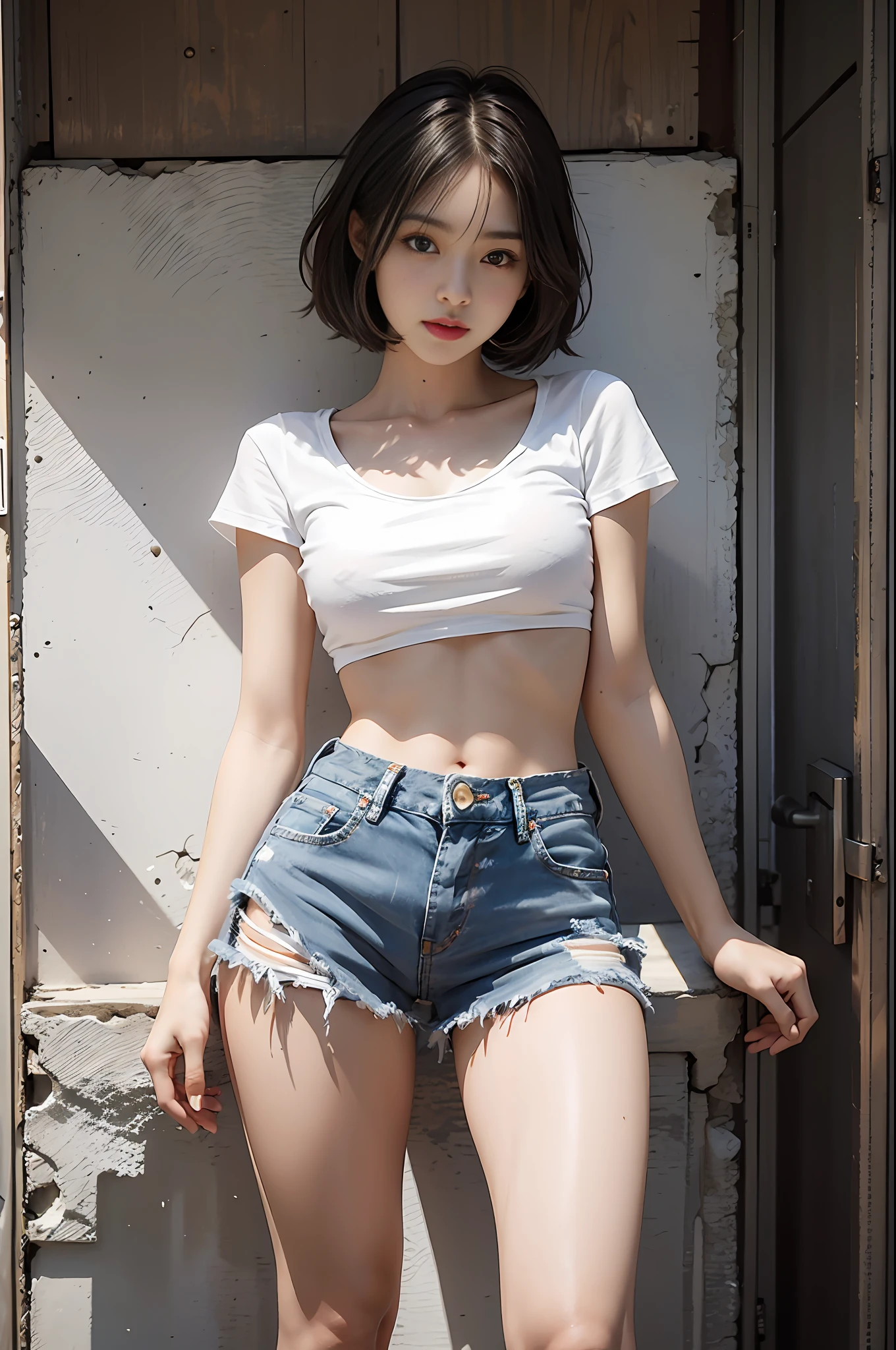 A girl, girl in white bra and tight denim skirt posing for photo, full body, legs open, with cropped t-shirt, no bra, slim body, smaller bust, slim girl model, 24 year old female model, full body portrait