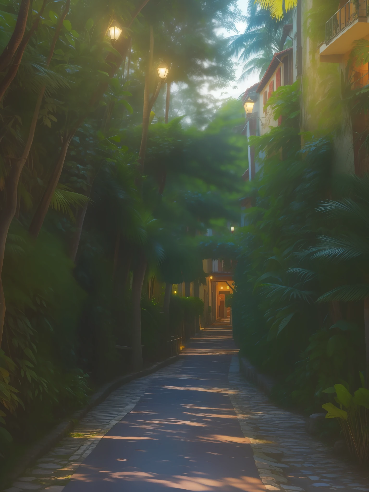 Tropical forest with a path in the middle, vibrance, Italian village with restaurants and warm lights in the distance