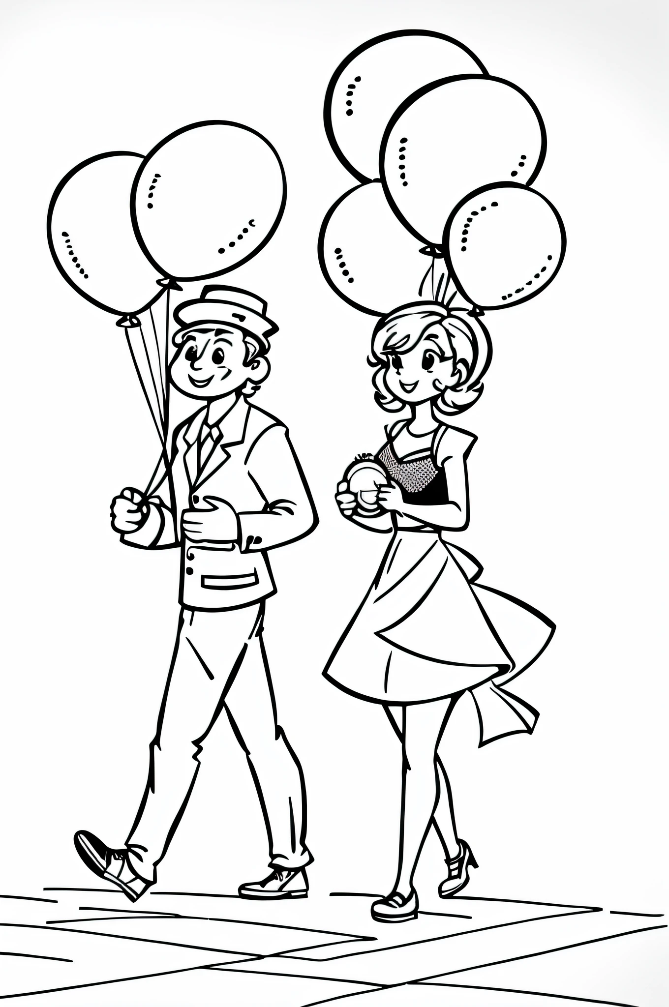 cartoon drawing of a man and woman walking with balloons, holding a balloon, baloons, stylized linework, line art colouring page, balloons, retro line art, extremely fine ink lineart, colouring - in sheet, black and white coloring, line - art, bold lineart, simple lineart, party balloons, line art illustration, clean lineart