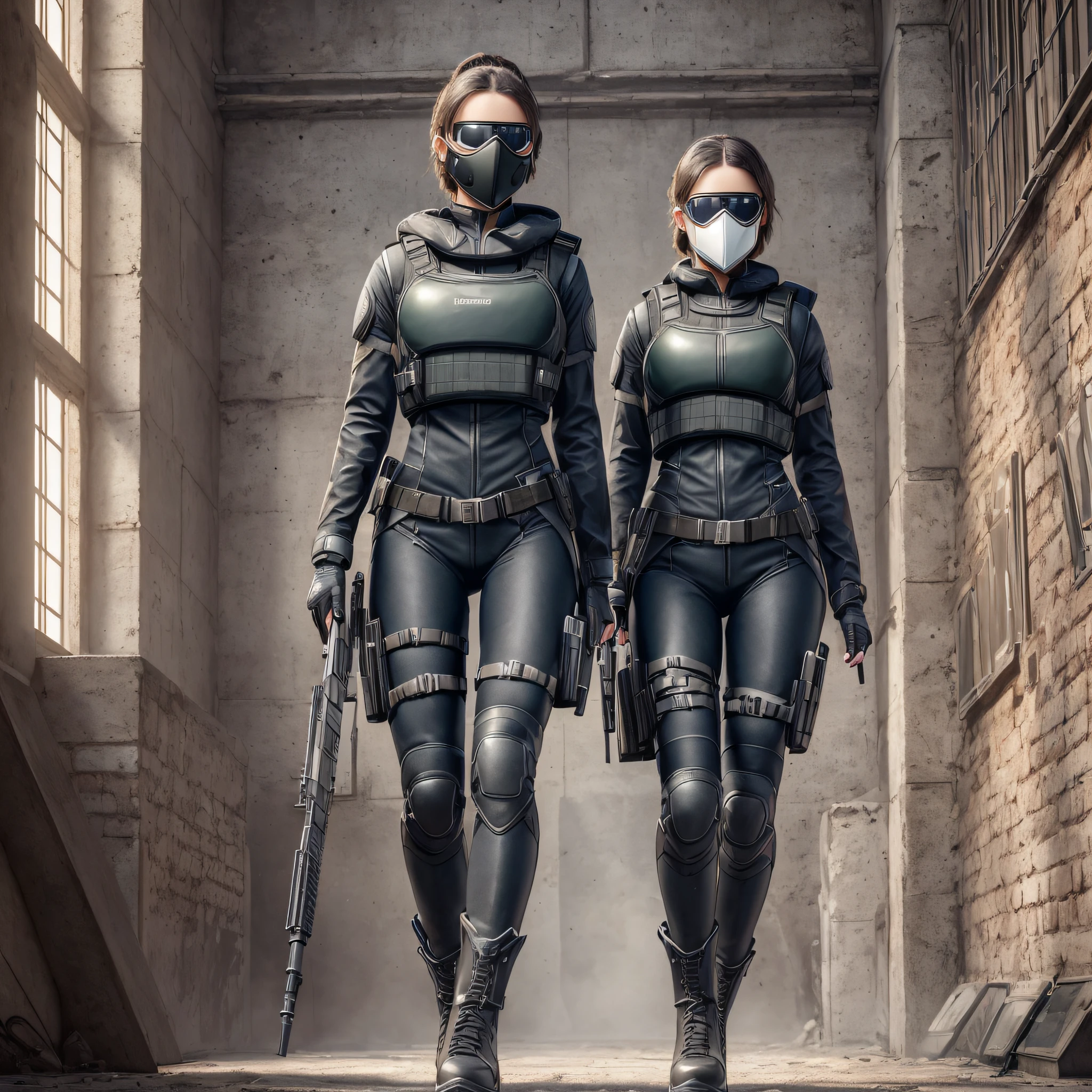 ((high quality)), ((masterpiece)), 8k, 2girls, bulletproof vest, light rays, extremely detailed CG unity 8k wallpaper, game cg, looking at viewer, gloves, boots, full body, watch, computer, mask, no Man-machines, hand-held weapons, headsets, jackets, bags, backpacks, --auto --s2