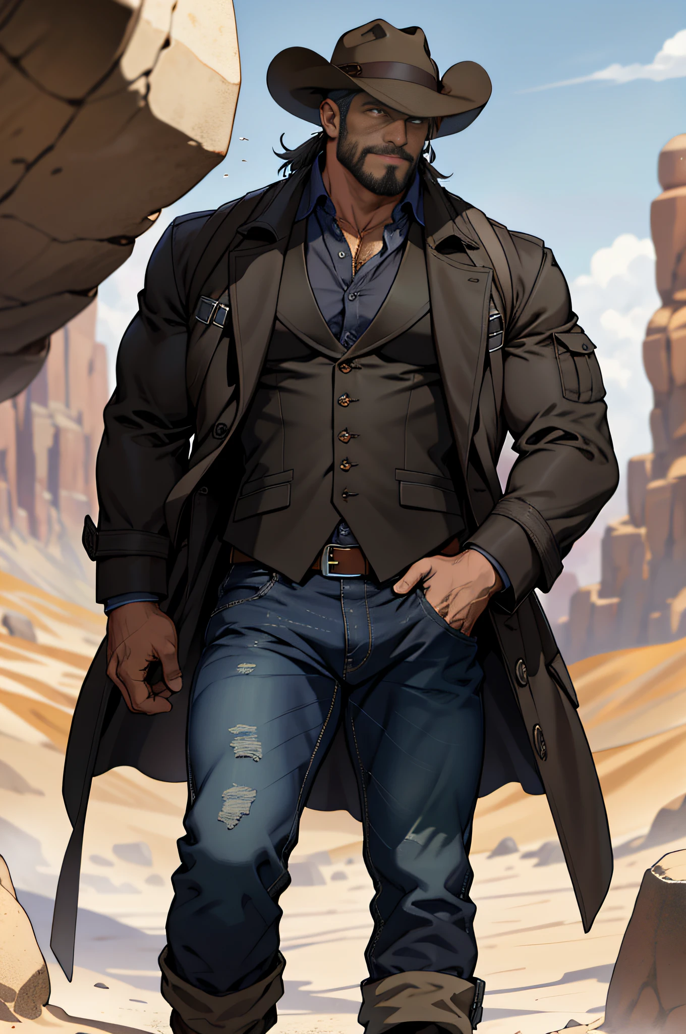 Mature man, best quality, adventurer, with brown denim hat, blue jeans, wearing tall horse shoes, carrying a submachine gun in one hand, one foot on a stone, long handsome trench coat in black, dark gray vest (hole), bad, masterpiece, super high resolution, detailed background, reality, illustration, single, 1 boy, muscle man, beard, desert, desert, mountain, muscle, facial hair, volumetric lighting, depth of field, wheezing, raised crotch, handsome action, big dynamics