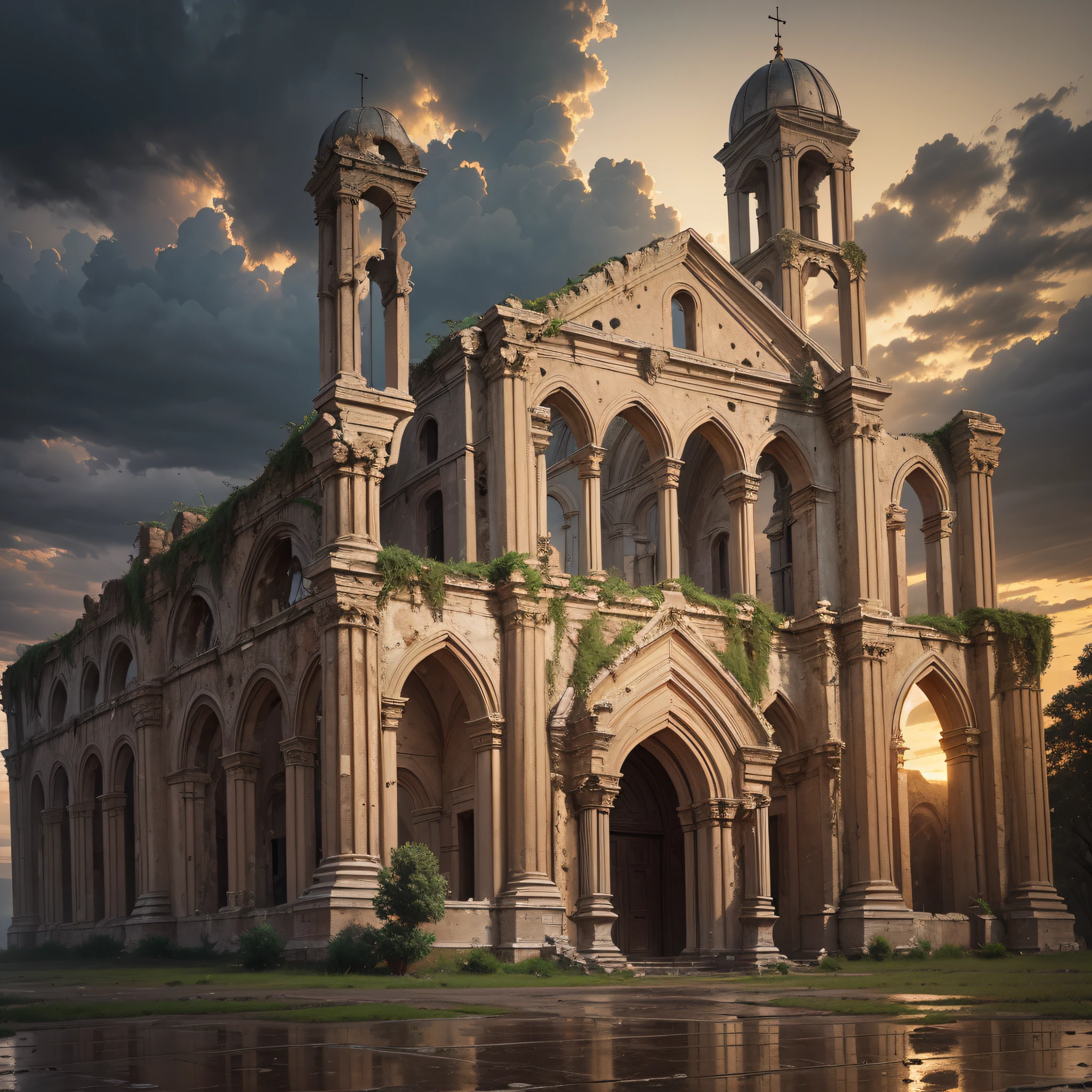 A grand church ruins, Byzantine style, old, covered with dirt, dusk, baroque, rainy days, overall view, dark wind, full of people dressed in European ancient costumes --auto --s2