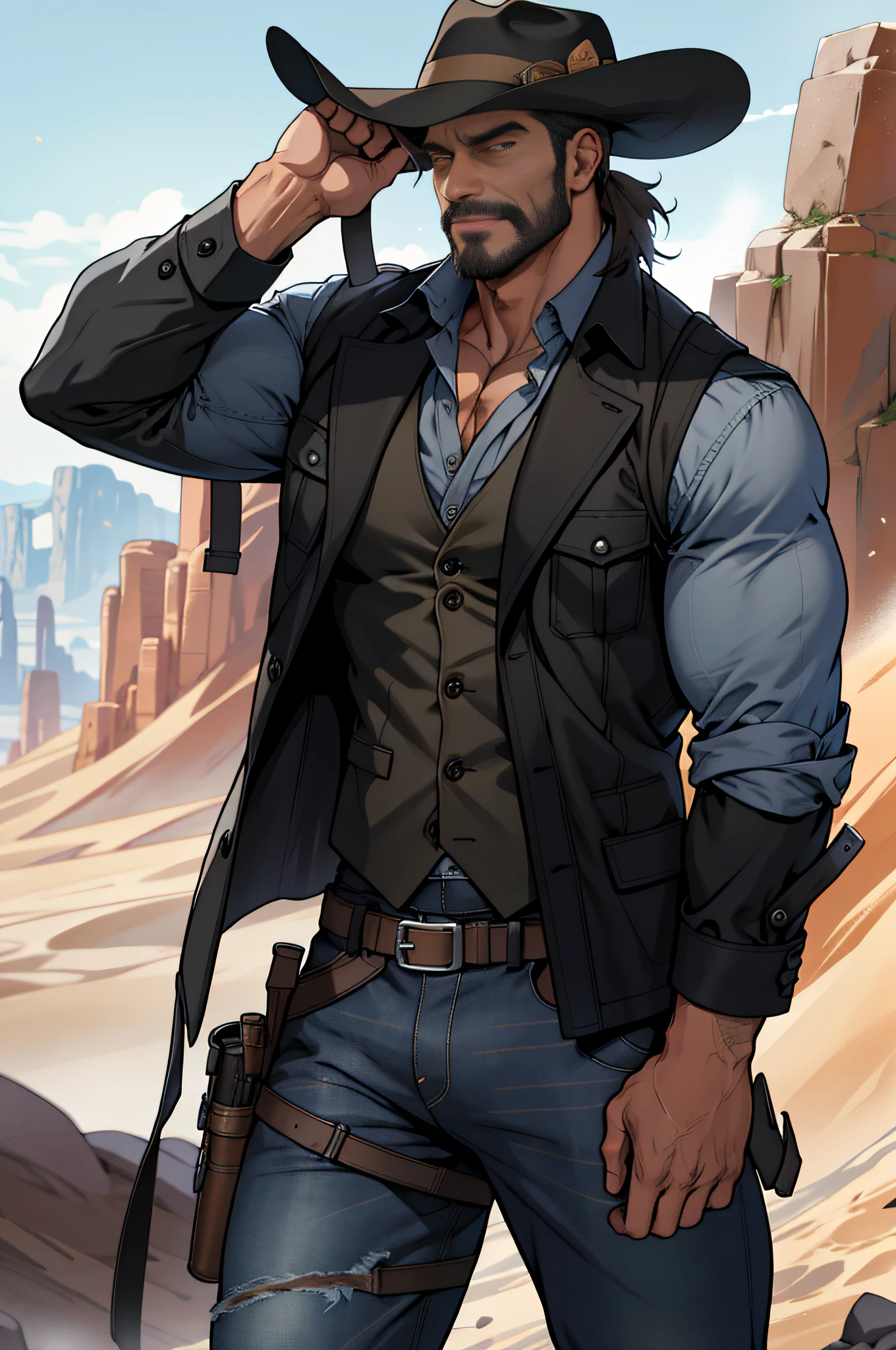 Mature man, best quality, adventurer, with brown denim hat, blue jeans, wearing tall horse shoes, carrying a submachine gun in one hand, one foot on a stone, long handsome trench coat in black, dark gray vest (hole), bad, masterpiece, super high resolution, detailed background, reality, illustration, single, 1 boy, muscle man, beard, desert, desert, mountain, muscle, facial hair, volumetric lighting, depth of field, wheezing, raised crotch, handsome action, big dynamics