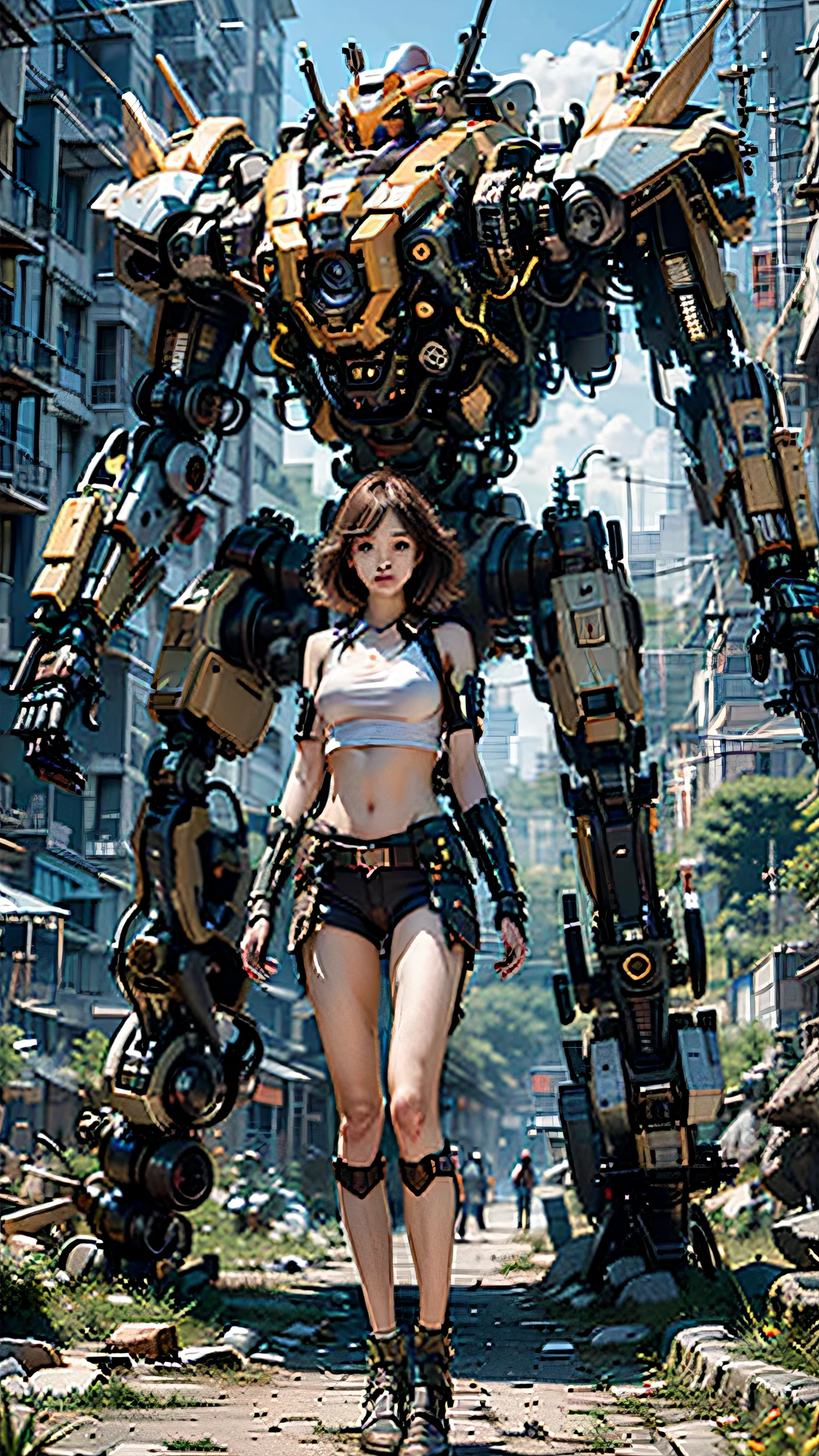 ((masterpiece, best quality)),illustration,ultra detailed 8k,photorealistic,sharp focus,highly detailed,professional lighting,colorful details,iridescent colors BREAK extreme long shot of a factory,large mechanical robot construction,microchip,computer,glowing,intricate details,shitu-mecha,1girl is standing in front of the audience,Navel