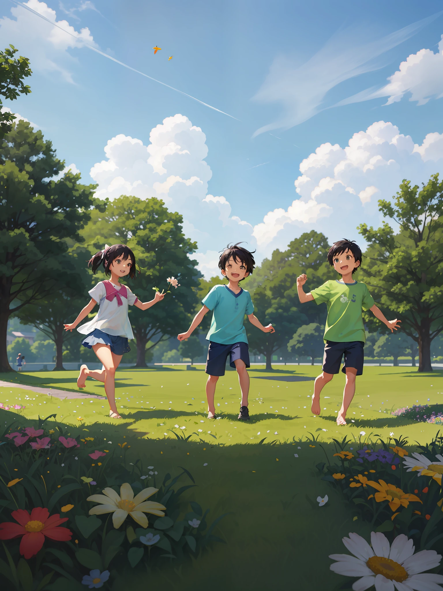 Three super cute asian kids running happily on the green grass with beautiful flowers and greenery on the grass, full of summer atmosphere, medium scene, Paul Klee painting style, 3D drawing, Blender software rendering, OC renderer, fine detail, tilt-shift effect, 16k resolution, best image quality.