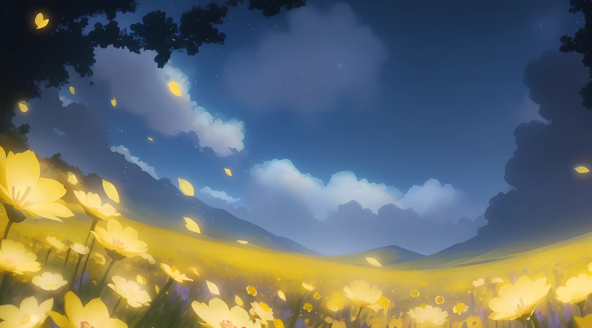There is a yellow flower field, yellow flower HD close-up, background is blue sky, anime background art, anime background, anime scenery, anime movie background, beautiful anime scenery, anime country scenery, anime landscape wallpaper, background artwork, anime scenery, beautiful anime scene, colorful anime movie background, background art, anime beautiful peace scene, drawn in anime painter studio