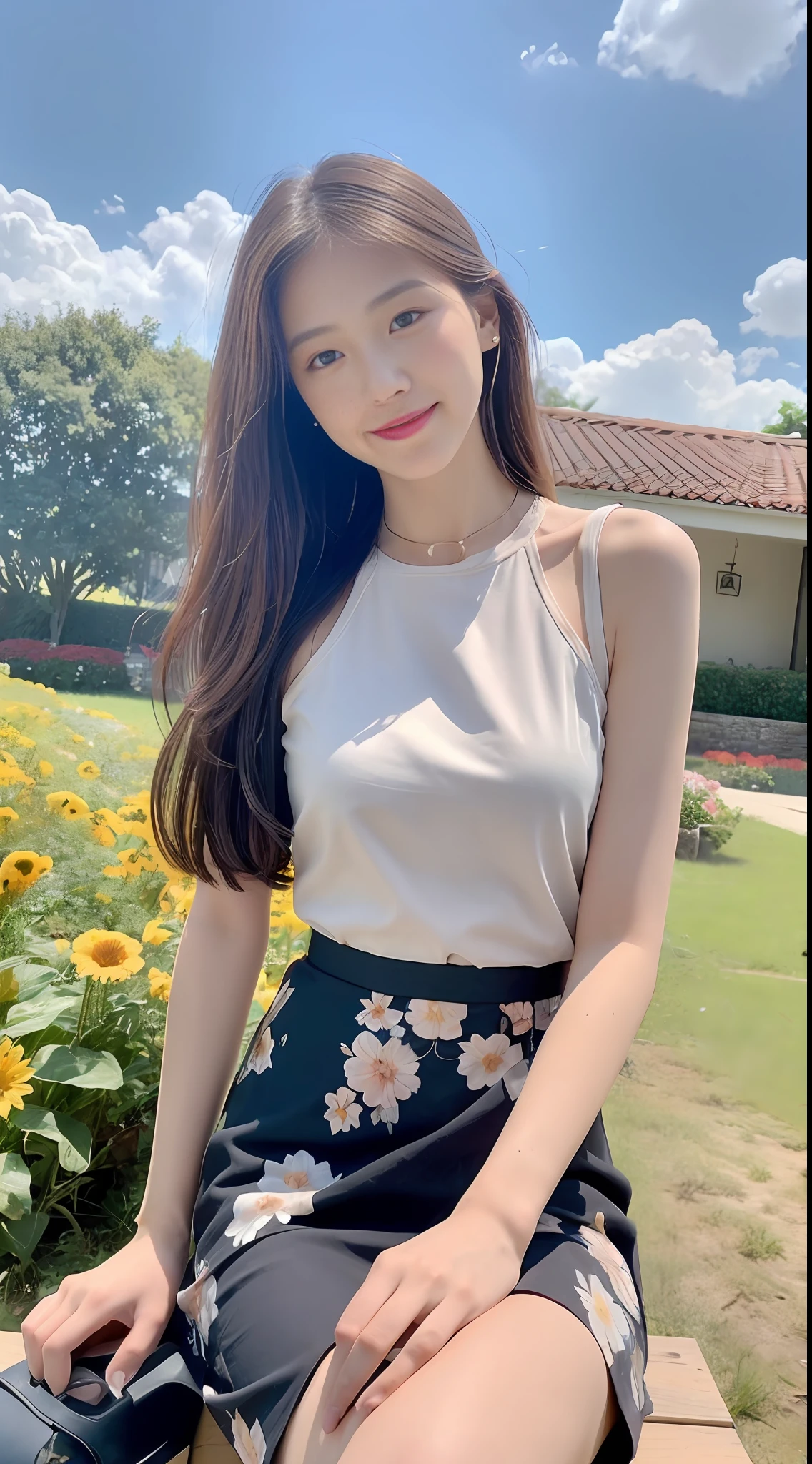 ((Best Quality, 8K, Masterpiece: 1.3)), Focus: 1.2, High School Girl, Motorcycle Pilot, Perfect S-Shaped Body, (Firm Eyes) (Cute), Delicate Face, Long Hair Waist Length, Long Hair Flowing, Head Tilted, Smile, Hair Details, Delicate Full Body Portrayal, Delicate Face Portrayal, Best Image Quality, High Resolution, Detailed Background, Delicate Characterization, Delicate Details, Rich Details, Face Enhancement, (Black Short Top, Floral Midi Skirt), Blue Sky and White Clouds, Sitting Among the Flowers, Wooden House, There are no bags under the eyes