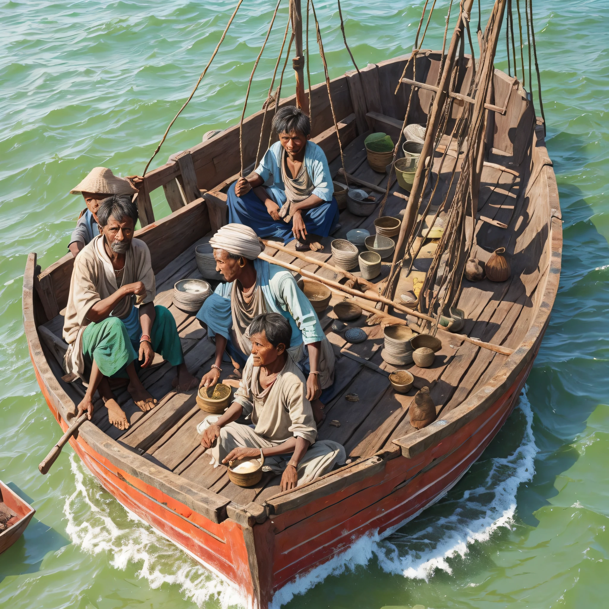 Some poor beggars, in a broken fishing boat, dressed in earthen cloth clothes, shabby, dirty, Chinese