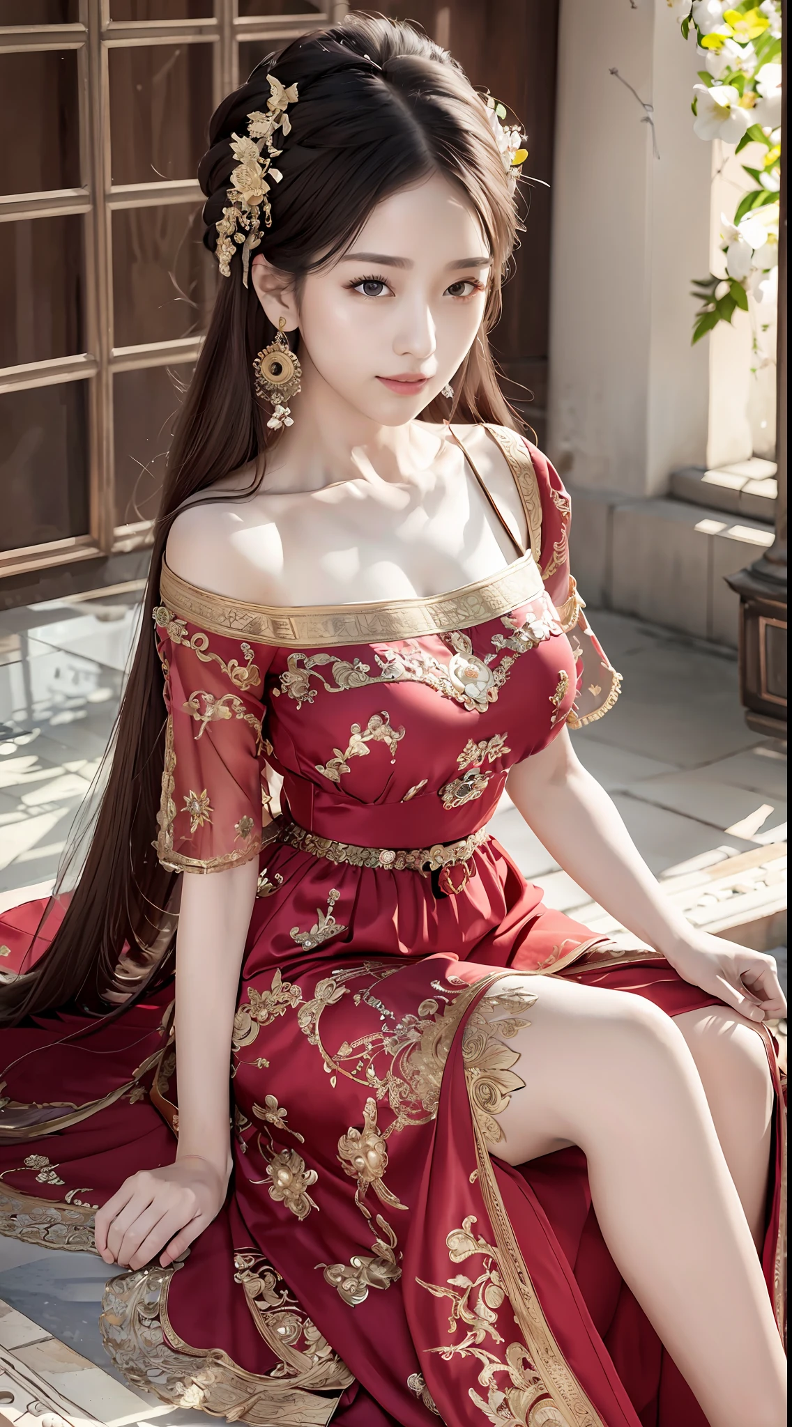 (8K, Best Quality, Masterpiece: 1, 2), (Realistic, Photo Realistic: 1, 37), Top Quality, Lots of Details, Antique Bandeau Dress, Literary, Beautiful, Elegant, Slender Eyebrows, Clear Eyes, Ruddy Lips, Soft Skin, Satin Long-sleeved Top, with Golden Edge, Antique Long-sleeved Dress, Fuqin Posture, Waiting Posture, Magnificent Palace, Azure Sky, Quiet Courtyard, Full Body Close-up
