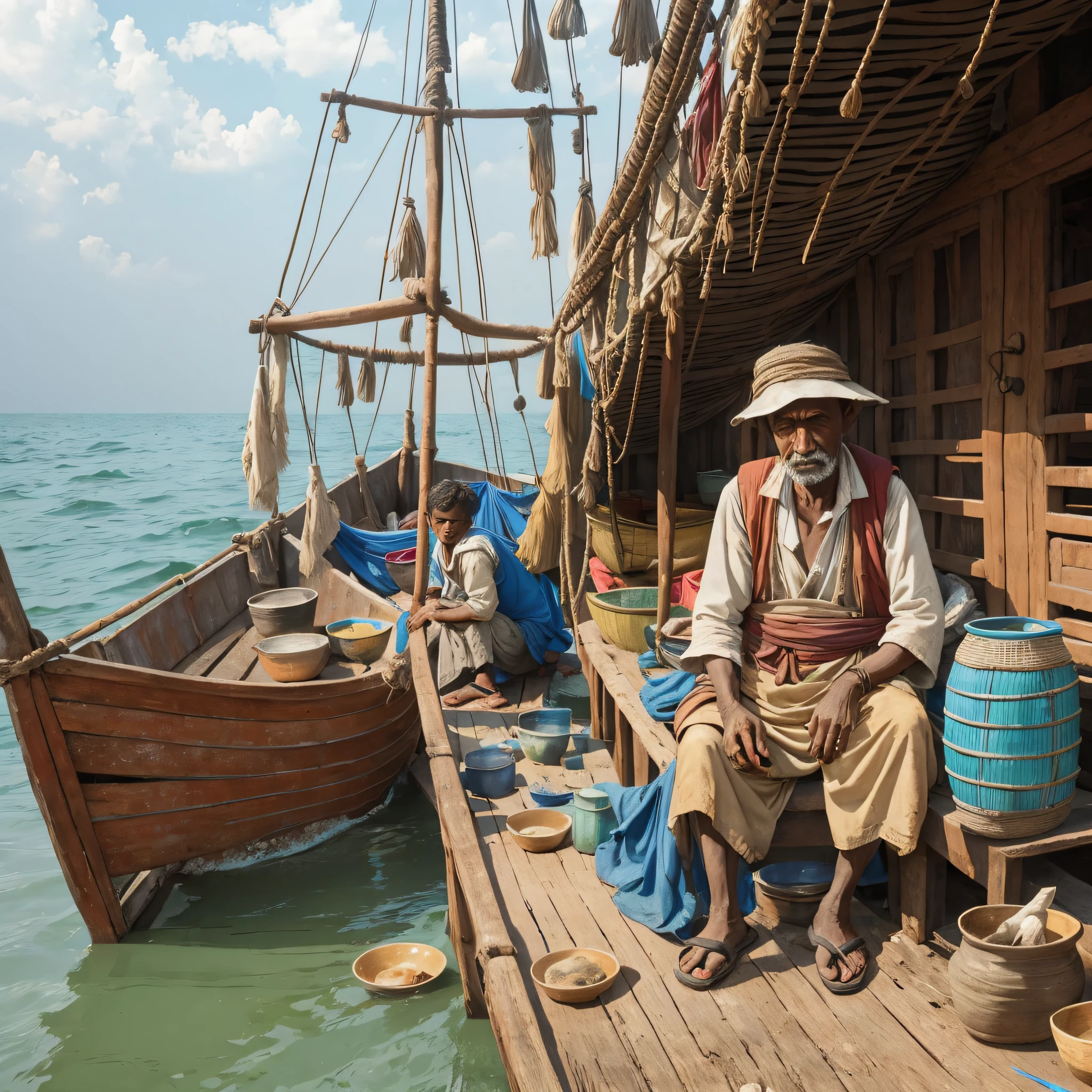 Some poor beggars, in a broken fishing boat, dressed in earthen cloth clothes, shabby, dirty, Chinese