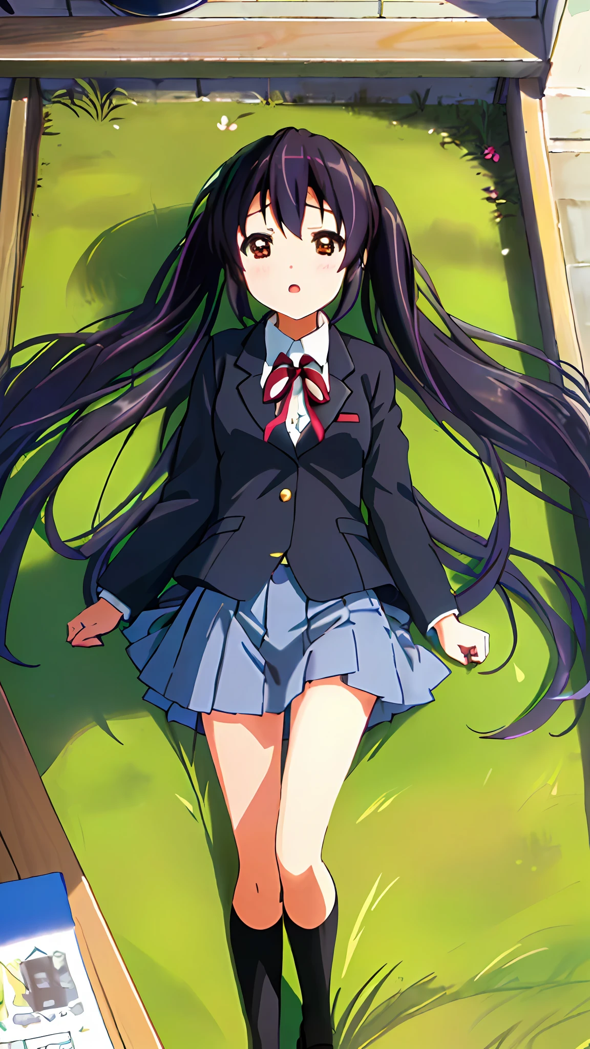 1girl, ((((Masterpiece))), Best Quality, Best Quality, High Detail, Azusa Nakano, 1girl, Sakuragaoka High School Uniform, Musical Instrument, School Uniform, Twin Tails, Long Hair, Black Hair, Brown Eyes, Solo, Red, Dark blue blazer with a thin ribbon of red, Solid white button shirt under blazer, Illustration, Cartoon, Soothing tones, Muted colors, Soft cinematic light, Adobe Lightroom, Photo Lab, HDR, complex and highly detailed, (((depth of field))))). (((Masterpiece))). (((highest quality))).) ((super detail))). (((Illustration))). (((Outside))). (((fighting stance))).,(((Lying down))).dynamic focus.small breasts.. (((Face of sadness))). Open mouth.Close your eyes.Clench your fists.Ground.Lie on your back.