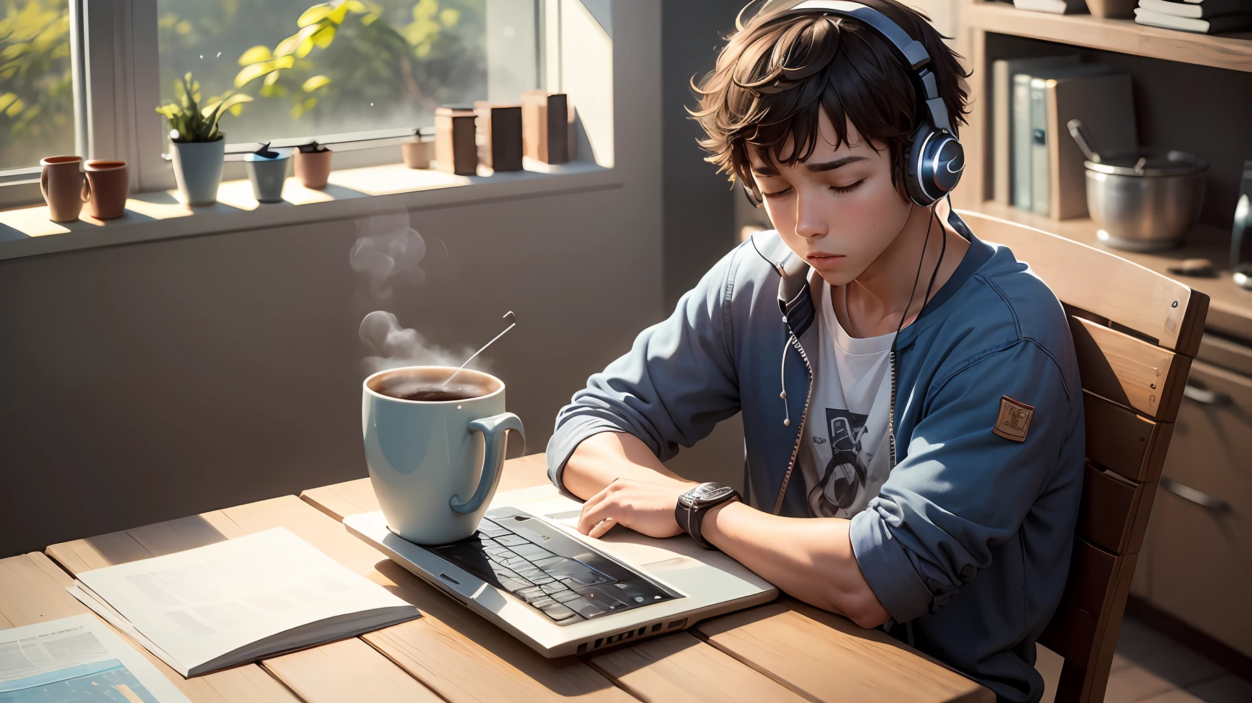A boy is sitting in his kitchen on a sunny morning, with a steaming cup of coffee on the table in front of him. He's dressed casually, with headphones in his ears, and he's completely immersed in the music he's listening to. His eyes are closed as he shakes his head gently to the rhythm of the music. As the music continues, he starts humming along, still with his eyes closed. How does he feel about starting his day this way? What is he thinking as he listens to the music? --auto --s2