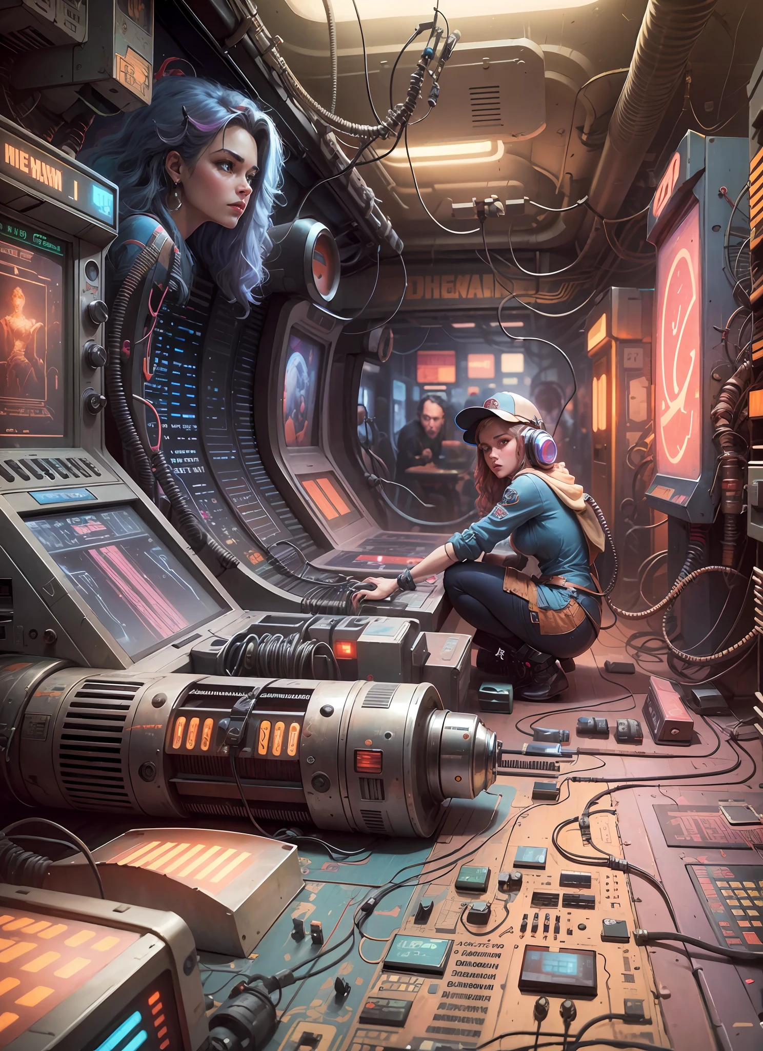 A retrofuturistic scene of an arcade wired mess on computer, mechanical delay, wiring components, ultrago austin metal wiring, iris van Buren, Karol Bak, Kiichi Obituary by Beksinski, david falls fanart machine --auto --s2