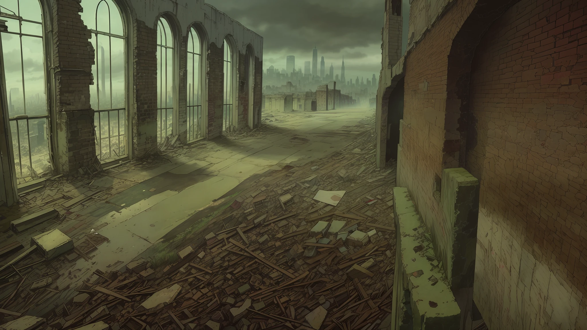 There is a picture of a city, in a ruined cityscape, destroyed cityscape, outdoor ruined cityscape, a city in ruins in the background, a post-apocalyptic city, a post-apocalyptic view, a destroyed city, an apocalyptic city, a ruined city in the background, An abandoned dystopian city, gloomy, with a wall with a door at the end,