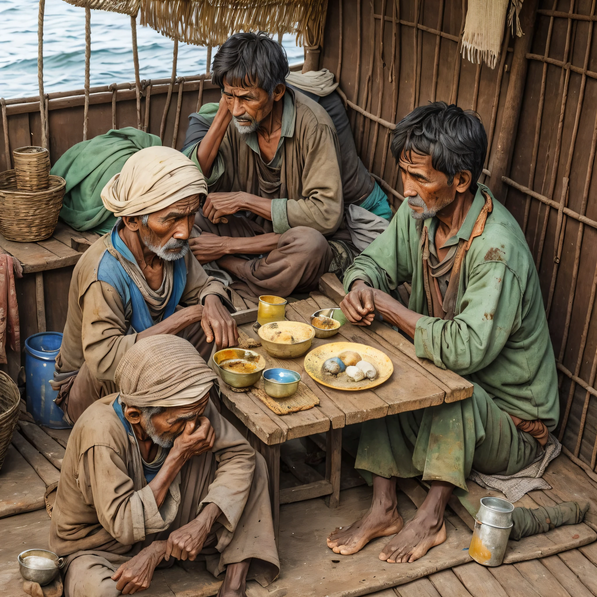 Some poor beggars, in a broken fishing boat, dressed in earthen cloth clothes, shabby, dirty, Chinese