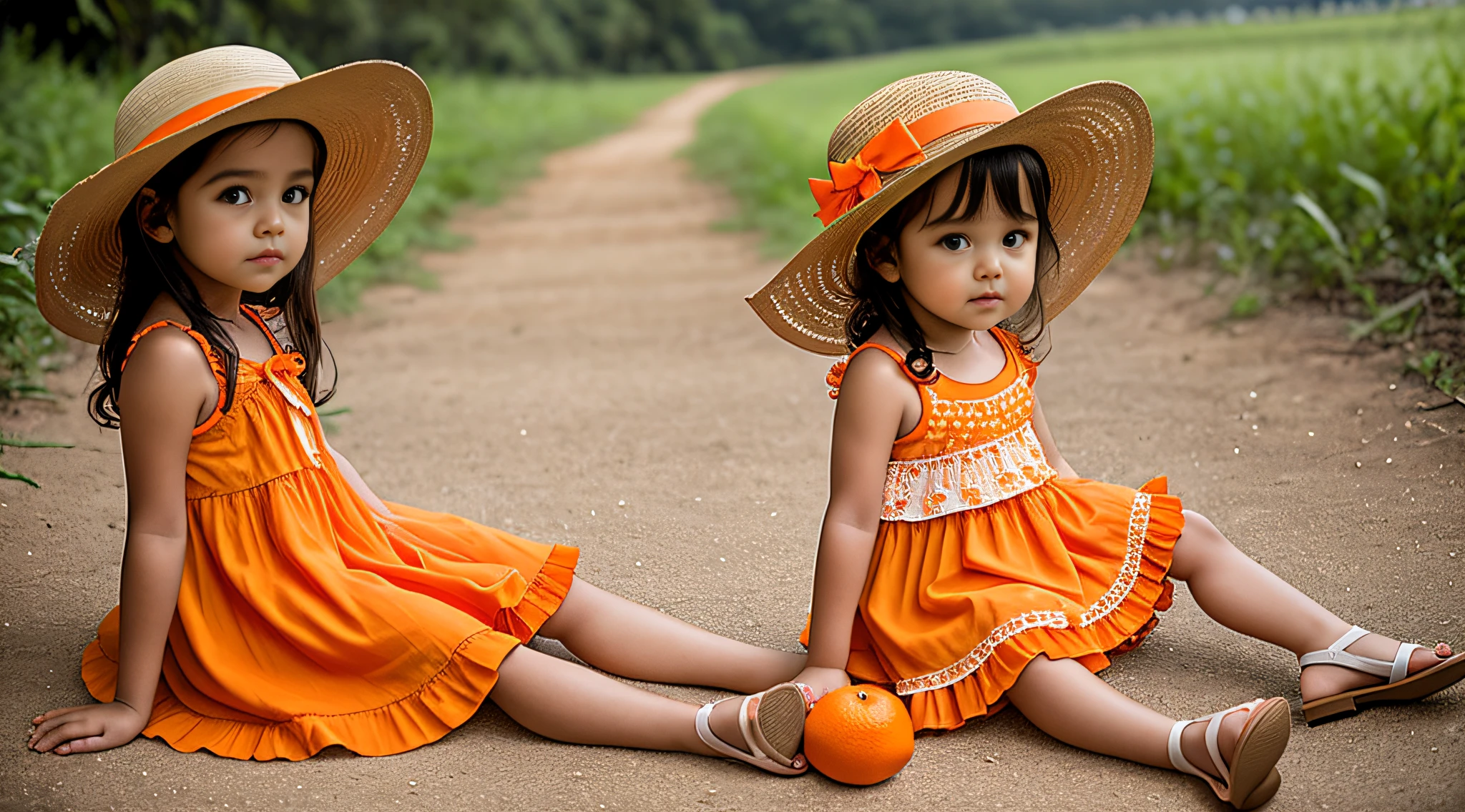 there is a GIRL CHILD EARS otting on the floor holding a basket of oranges, wearing orange sun dress, photo shoot, photo shoot, , gorgeous young model, red dress and hat, promotional photo shoot, with straw hat, cute girl, modeling essay, by Gavin Hamilton, solo photo essay, beautiful girl, modeling photography