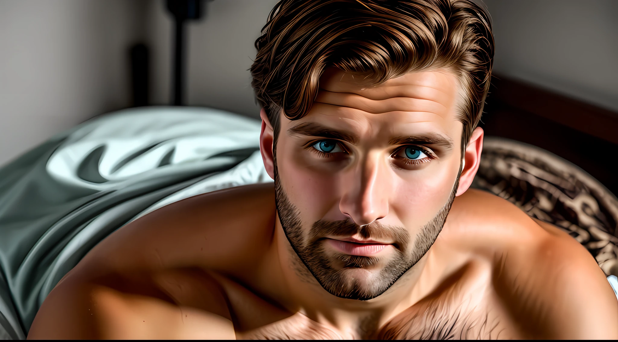 light and bright, 8k, waist length photo of a 30-year-old with brown hair and no beard, detailed intricate, realistic texture, dynamic composition, high contrast, sad man in hospital
