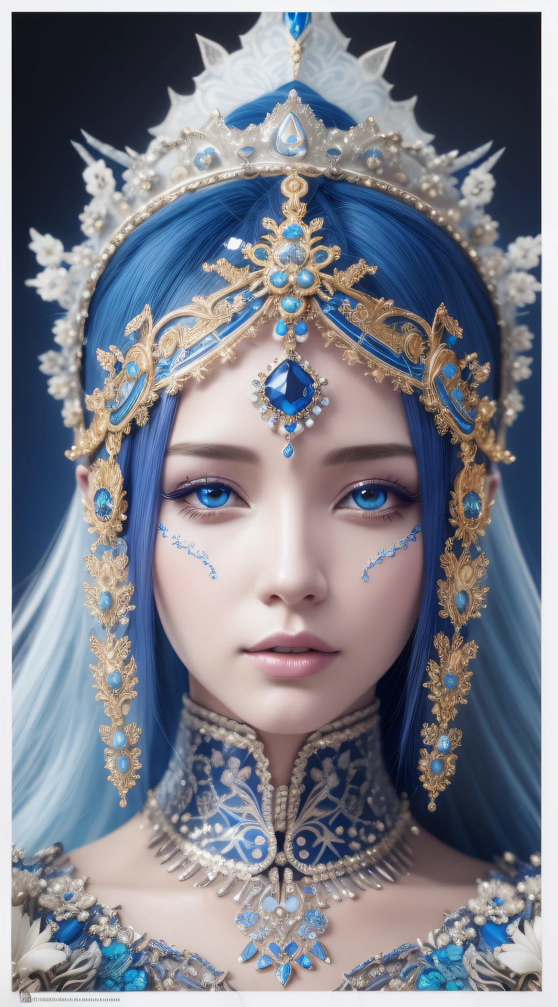 a close up of a woman with a blue and white headpiece, hyperdetailed fantasy character, 4 k detail fantasy, 8k high quality detailed art, goddess. extremely high detail, 3 d render character art 8 k, a beautiful fantasy empress, 4k highly detailed digital art, close up character, detailed face ), intricate ornate anime cgi style, detailed fantasy digital art
