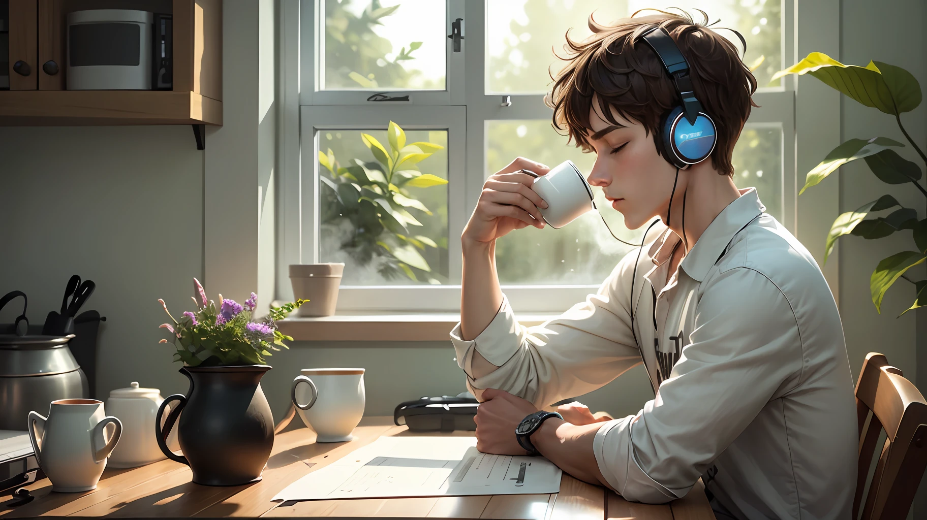 A boy is sitting in his kitchen on a sunny morning, with a steaming cup of coffee on the table in front of him. He's dressed casually, with headphones in his ears, and he's completely immersed in the music he's listening to. His eyes are closed as he shakes his head gently to the rhythm of the music. As the music continues, he starts humming along, still with his eyes closed. How does he feel about starting his day this way? What is he thinking as he listens to the music? --auto --s2