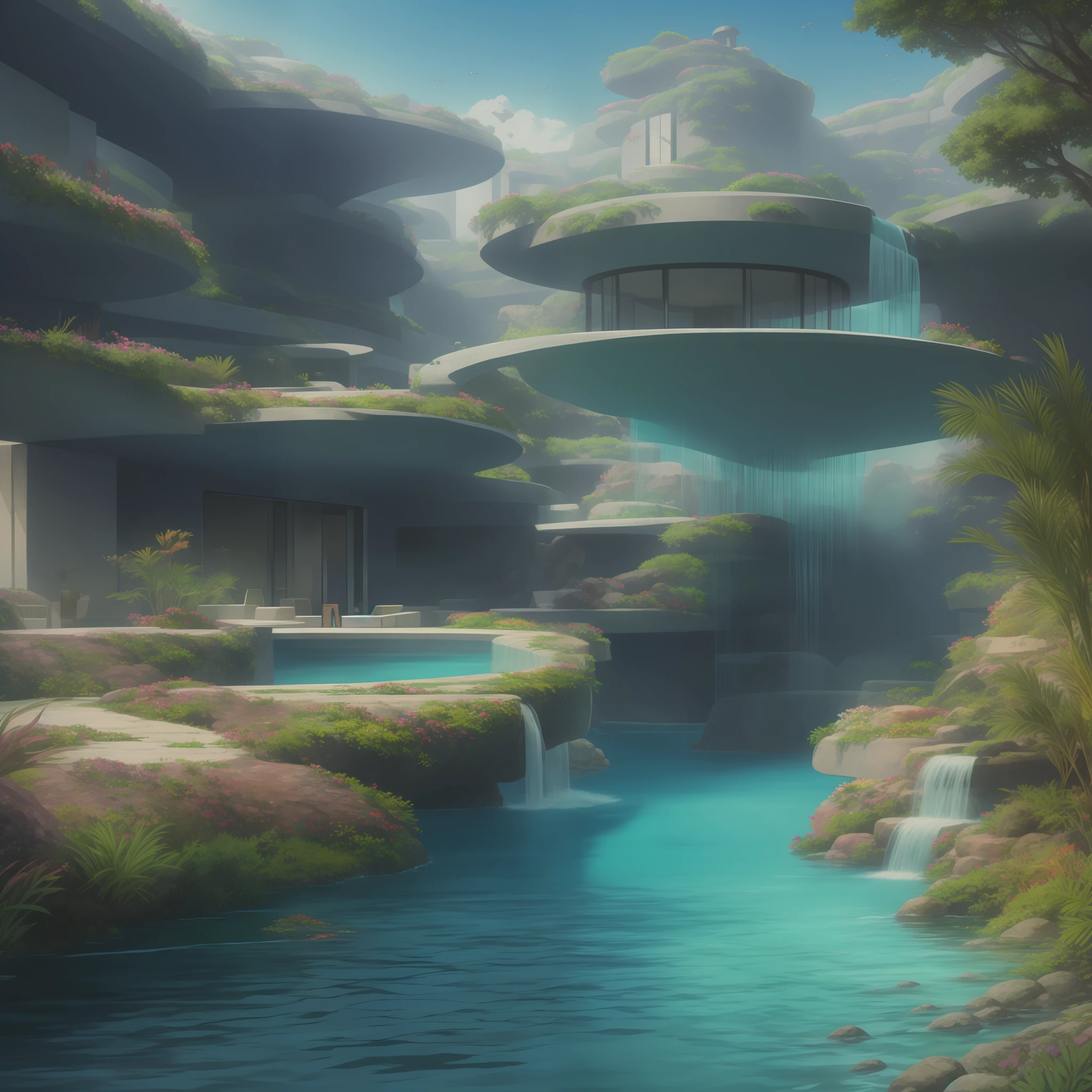 a modern futuristic design large cliff House's with a artificial waterfall and a pool in the middle, nature meets architecture, built around blue ocean, realistic beehive architecture, organic architecture, very close to real nature, breathtaking render, island with cave, stunning architecture, luxury architecture, realistic fantasy render, by Zha Shibiao, epic and stunning, architectural visualization, epic architecture, concept art. 8 k