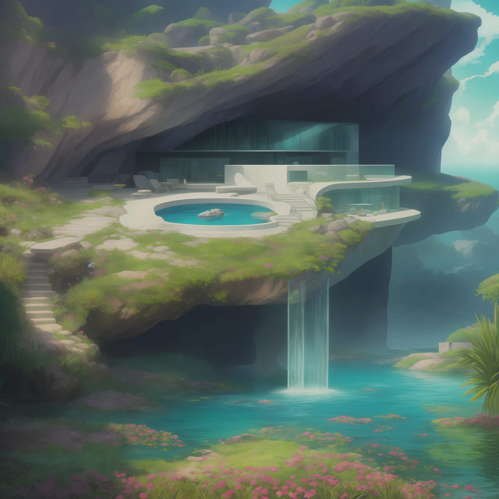 a modern futuristic design large cliff House's with a artificial waterfall and a pool in the middle, nature meets architecture, built around blue ocean, realistic beehive architecture, organic architecture, very close to real nature, breathtaking render, island with cave, stunning architecture, luxury architecture, realistic fantasy render, by Zha Shibiao, epic and stunning, architectural visualization, epic architecture, concept art. 8 k