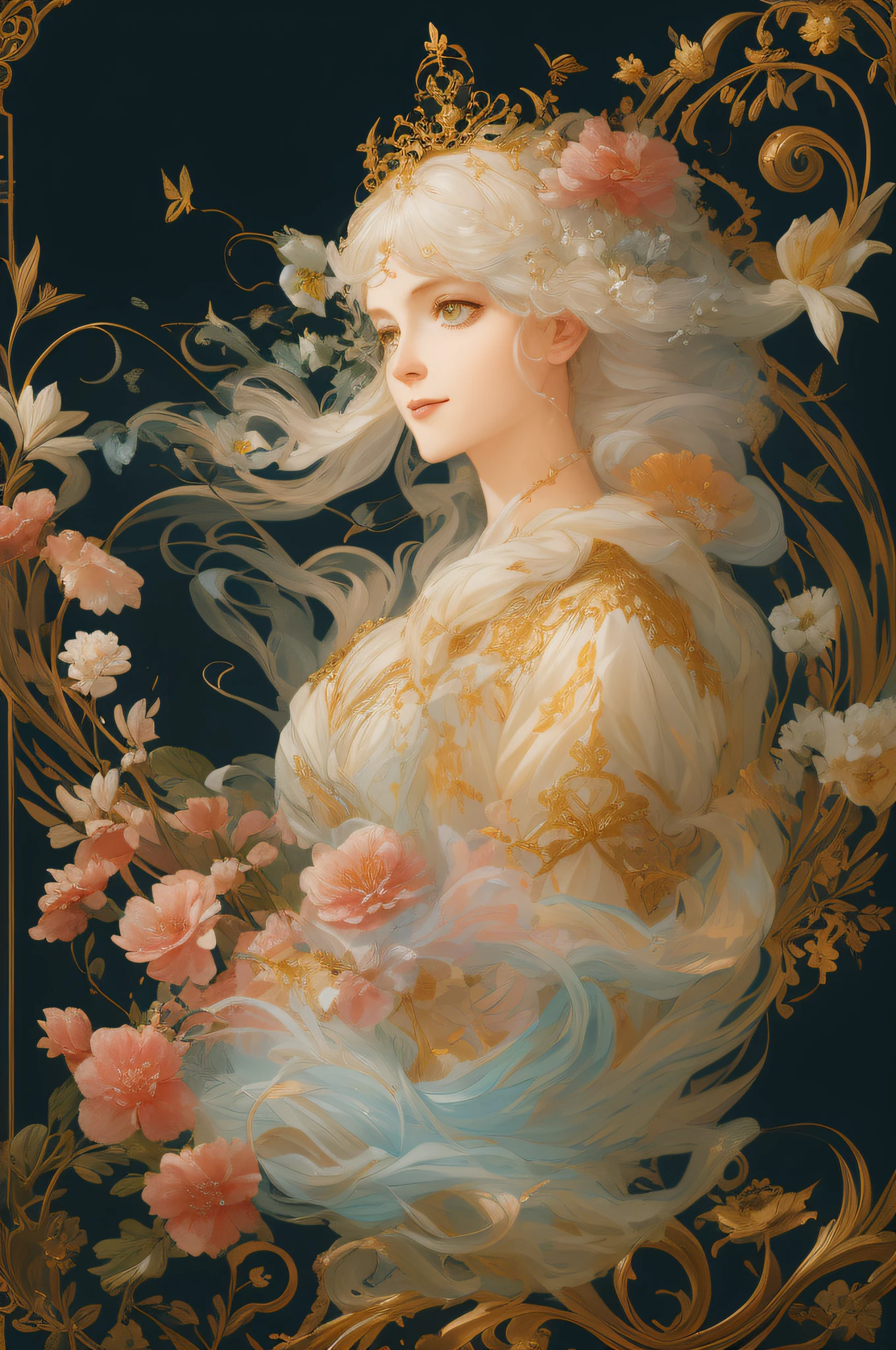 ((gorgeous princess)), (with long flowing white hair), (bright and beautiful eyes), trending on Art Station, flower of hope by Jean-Honor Fragonard, Peter mohrbacher, super detailed, crazy details , stunning sophisticated elite art nouveau ornate liquid wax elegant luxurious greg rutkowski ink style sticker vector art beautiful character design double exposure shot luminous design, winning entry, masterpiece, amoled black background,