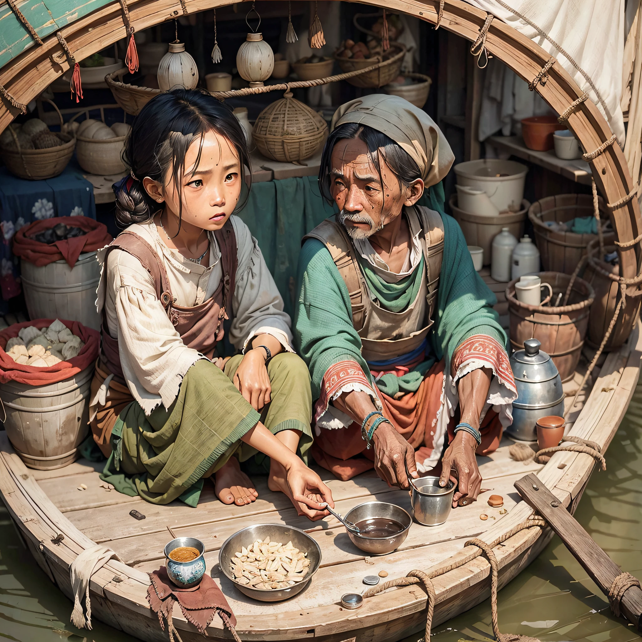 Some poor beggars, in a broken fishing boat, dressed in earthen cloth clothes, shabby, dirty, Chinese