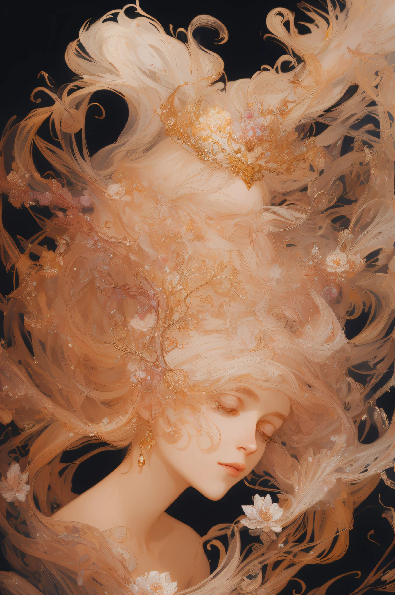 ((gorgeous princess)), (with long flowing white hair), (bright and beautiful eyes), trending on Art Station, flower of hope by Jean-Honor Fragonard, Peter mohrbacher, super detailed, crazy details , stunning sophisticated elite art nouveau ornate liquid wax elegant luxurious greg rutkowski ink style sticker vector art beautiful character design double exposure shot luminous design, winning entry, masterpiece, amoled black background,