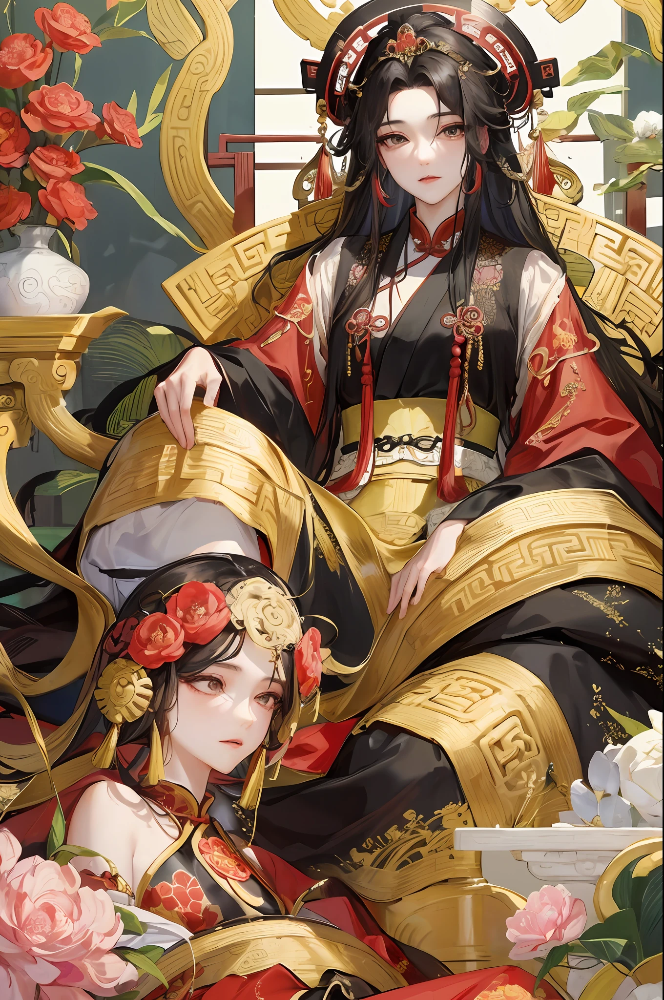 Masterpiece, Excellent, A Woman, Chinese Style, Ancient China, Black Hair, Black Eyes, Coiled Hair, Wearing the Empress Dowager's Crown, Beautiful, Gentle, Quiet, Windy, Middle-aged Woman, Steady Expression, Like a Fairy