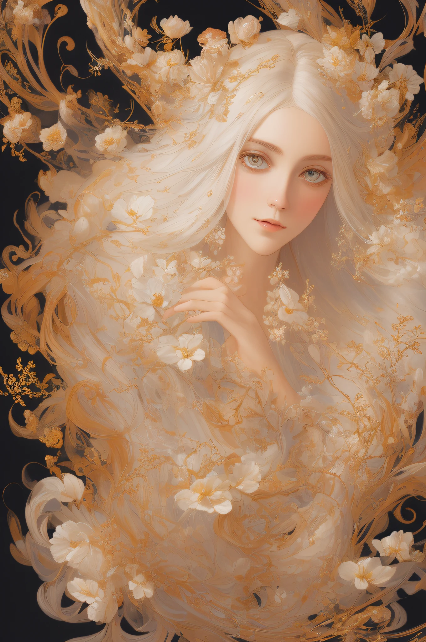 ((gorgeous princess)), (with long flowing white hair), (bright and beautiful eyes), trending on Art Station, flower of hope by Jean-Honor Fragonard, Peter mohrbacher, super detailed, crazy details , stunning sophisticated elite art nouveau ornate liquid wax elegant luxurious greg rutkowski ink style sticker vector art beautiful character design double exposure shot luminous design, winning entry, masterpiece, amoled black background,