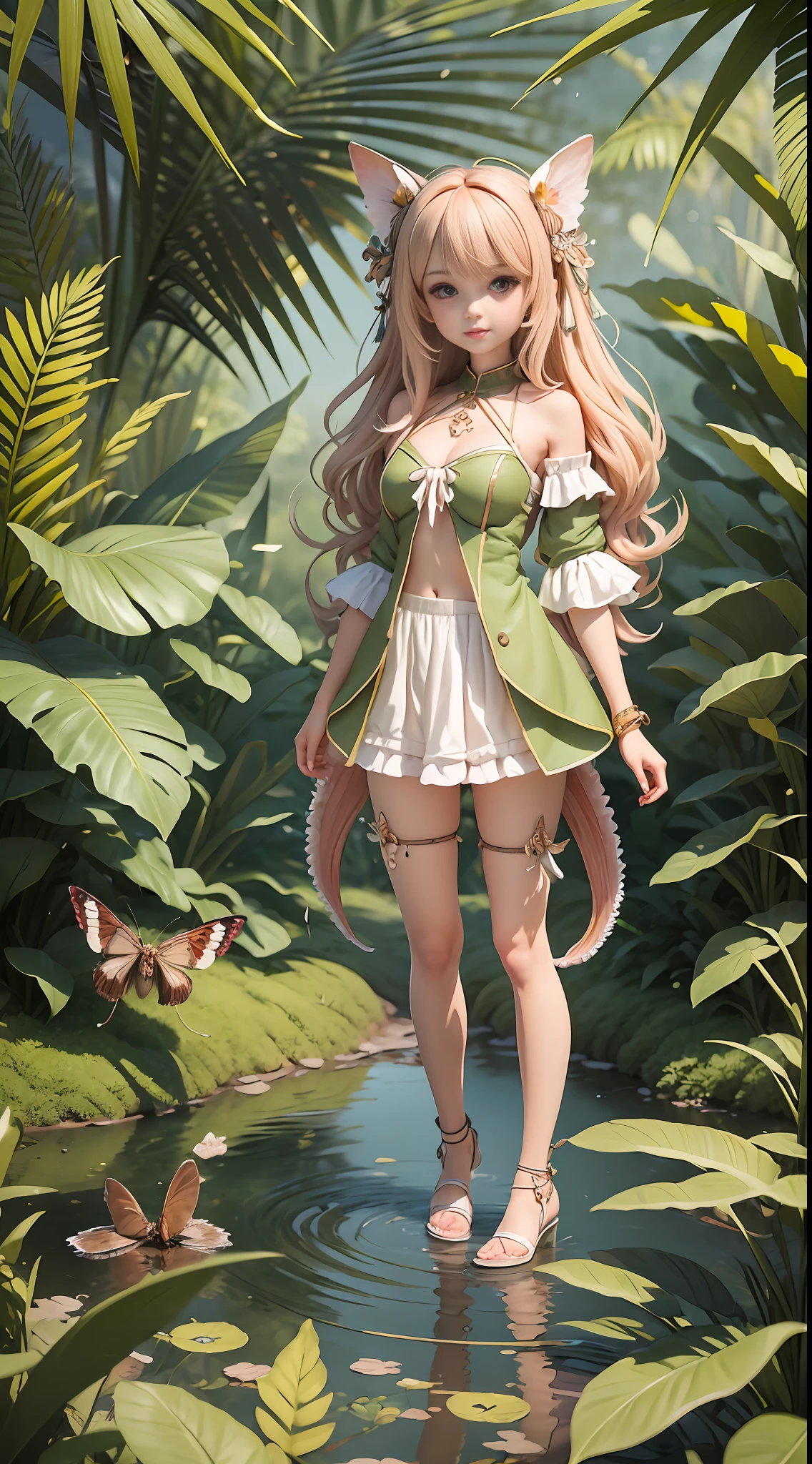 (masterpiece), (best quality), (ultra detailed),(disheed hair),(illustration), (1girl), (Fashionable clothing), standing, Fashion model, looking at viewer, (interview), (simple background), 1 girl, ((moth tentacles)), solo, ((moth)), ((arthropod girl)), ((moth wings)), medium hair, difficult design, jungle style, fashion, monster girl, summer clothes, water effect, greenery, jungle, nature, landscape, ((official art)), ((concept art)), ((reference)), ((multiple pictures)), (chibi), white background