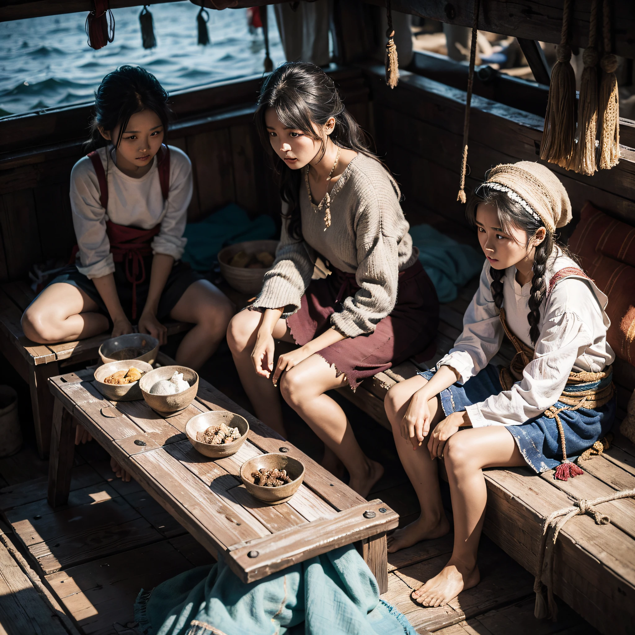 Some poor beggars, in a broken fishing boat, dressed in earthen cloth clothes, shabby, dirty, Chinese