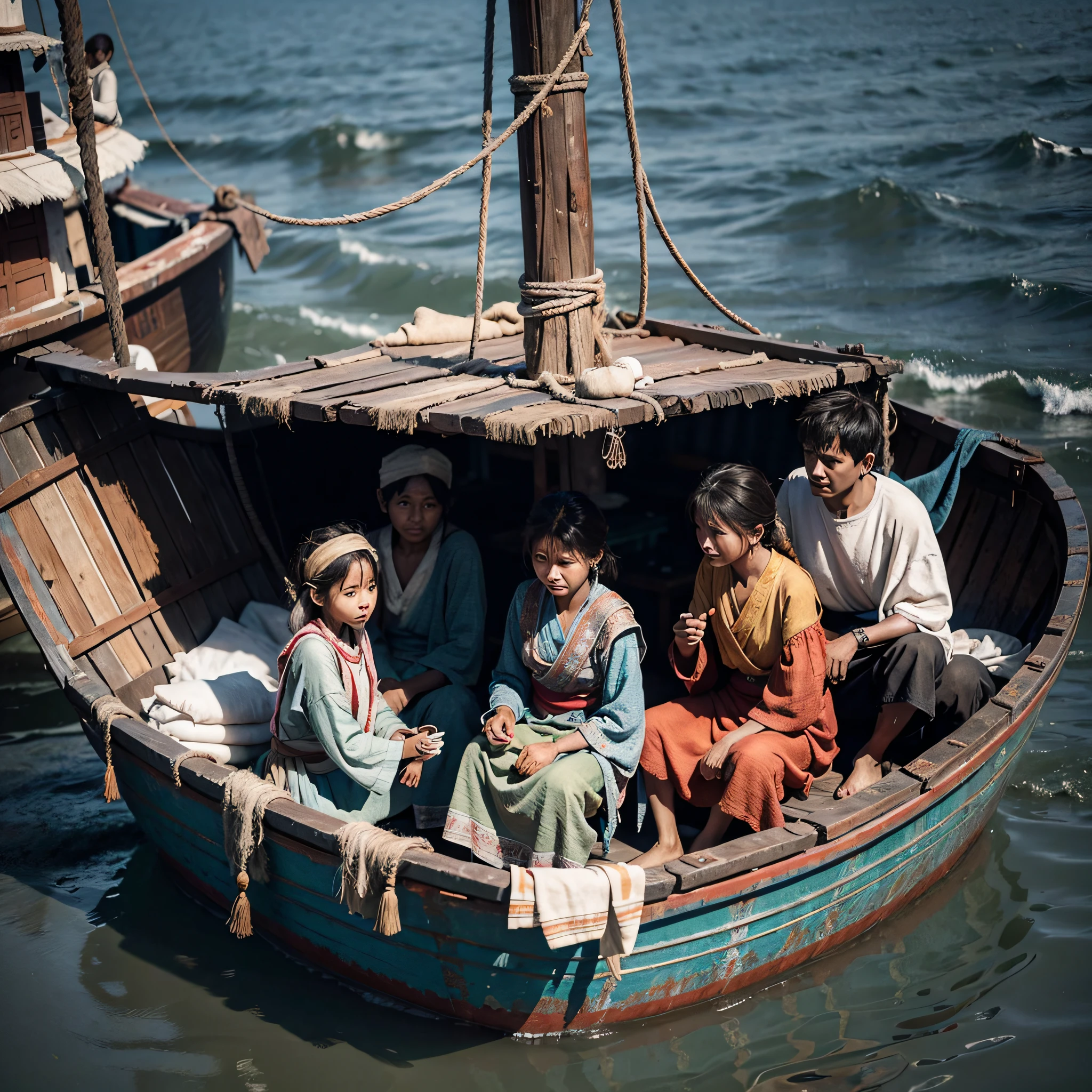 Some poor beggars, in a broken fishing boat, dressed in earthen cloth clothes, shabby, dirty, Chinese
