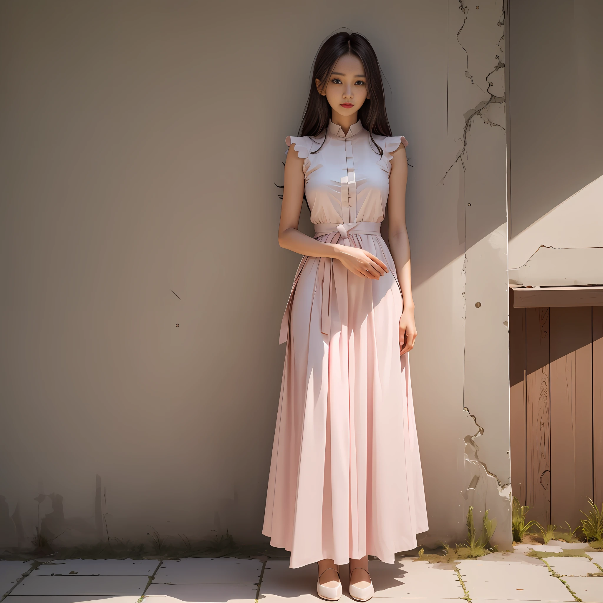 Fashion photography portrait of woman head, long skirt woman, long dress, pure cotton fabric, light pink, A-line skirt, collar with small lapels, waist design, change the curve of the waist. The skirt features smooth lines and a minimalist hem design that creates a high-end elegant charm, fantasy, octane rendering, HDR, Dolby Vision, (intricate details, ultra-detailed:1.2), (natural skin texture, surrealism, soft light:1.2), sharp focus, medium breasts, looking at the audience, best quality, perfect body,