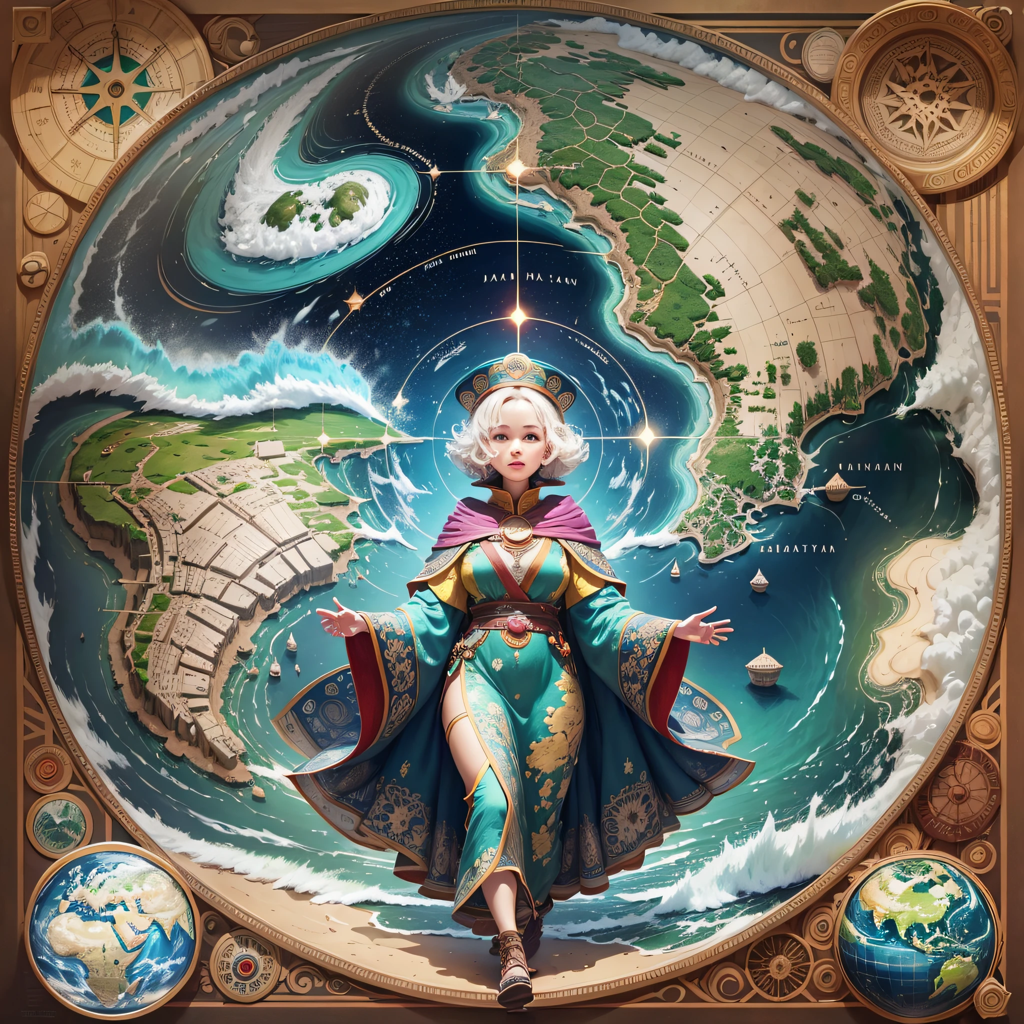This anthropomorphic map figure is a being full of wisdom and an inquisitive spirit. Her hair is made up of threads of various colors, each representing a different country and region. Her eyes are bright, shining with curiosity and a desire to explore. Her face was filled with confidence and joy, as if she was showing the world the mysteries of geographical knowledge.
Her body is made up of land and sea, showing the shape and characteristics of the earth. The land part takes on the texture of mountains, rivers and forests, while the marine part shimmers with blue and green light, like the undulating sea. The body takes on a plump and curvy shape, outlining the diversity and magnificence of the earth.
She wears a gorgeous robe made up of the map's various colors and patterns, from yellow deserts to green forests to blue lakes and oceans. The robe is painted with precise boundary lines and geographic information, showing the diversity and connectivity of the earth.
The anthropomorphic map figure raises a hand, as if guiding and interpreting the mysteries of geography. In the palm of her hand, she can see the miniature map, and gently touch different countries and regions with her fingertips, highlighting her deep understanding and familiarity with the map information.
Her presence encourages people to explore the world and expand their horizons, and she represents the transmission of geographical knowledge and culture. The anthropomorphic image of the map stimulates people's desire to explore all parts of the planet and prompts us to care more about and respect the diversity and sustainable development of the planet.
This image allows us to see the wisdom and brilliance of maps, and also makes us realize the importance of geographical knowledge and connectivity. She is the embodiment of the map, showing us the vastness and wonder of the world, while also guiding us to discover and protect the treasures of the planet.
She is the guardian of the map and our shared responsibility as inhabitants of the planet. Anthropomorphic map images encourage everyone to expand their horizons and understanding by learning about world geography. She inspires us to explore and respect different cultures and regions, and to promote global harmony and development. --auto --s2