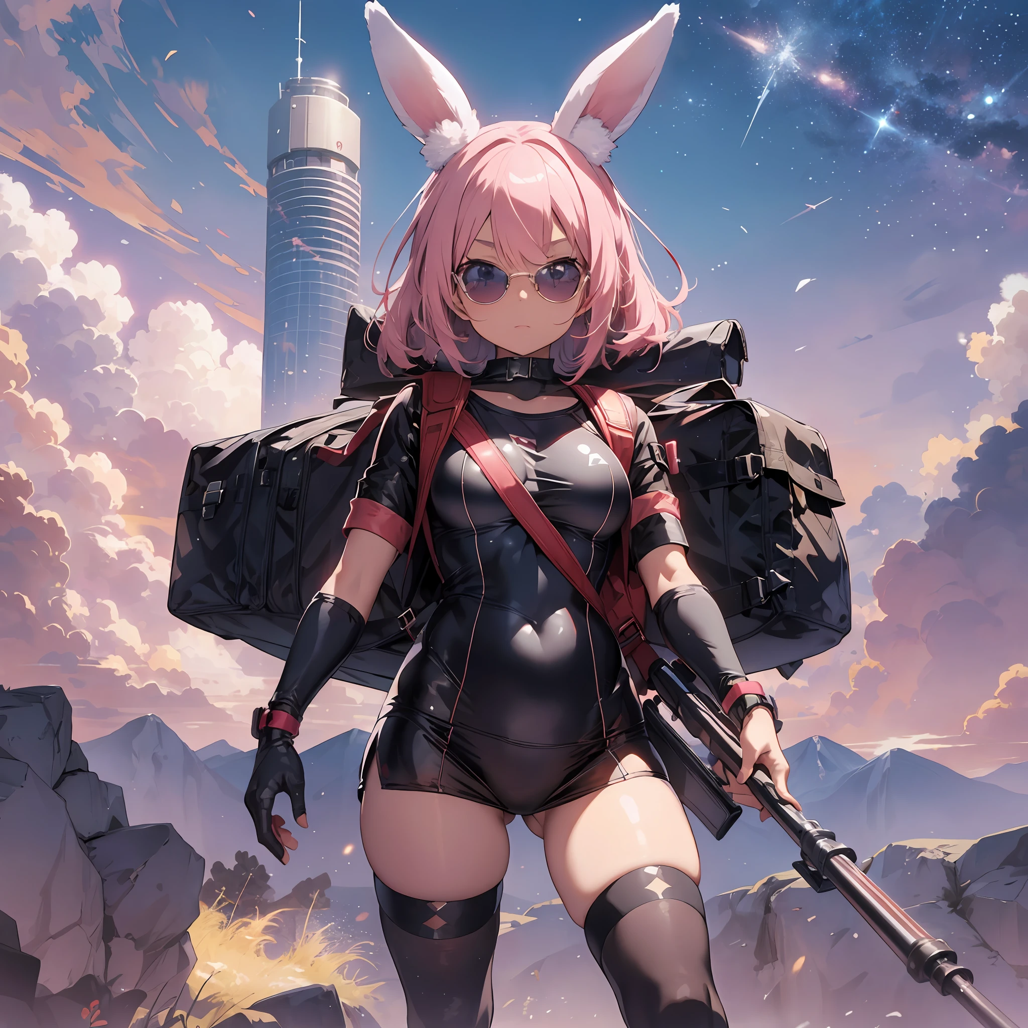 (Sunglasses: 1.1), red swimsuit, school swimsuit, thick eyebrows, leather backpack, bazooka protruding into the backpack, carrying heavy weapons, (dark skin: 1.3), black gloves, brown skin, movie lighting, small, beautiful light pink hair, rabbit ears, (masterpiece), ((highest quality)), (super detailed), glossy skin, full body anime girl, solo, clean and detailed anime face, High resolution anime eyes, five fingers, textile shading, perfect human structure, perfect anatomy,