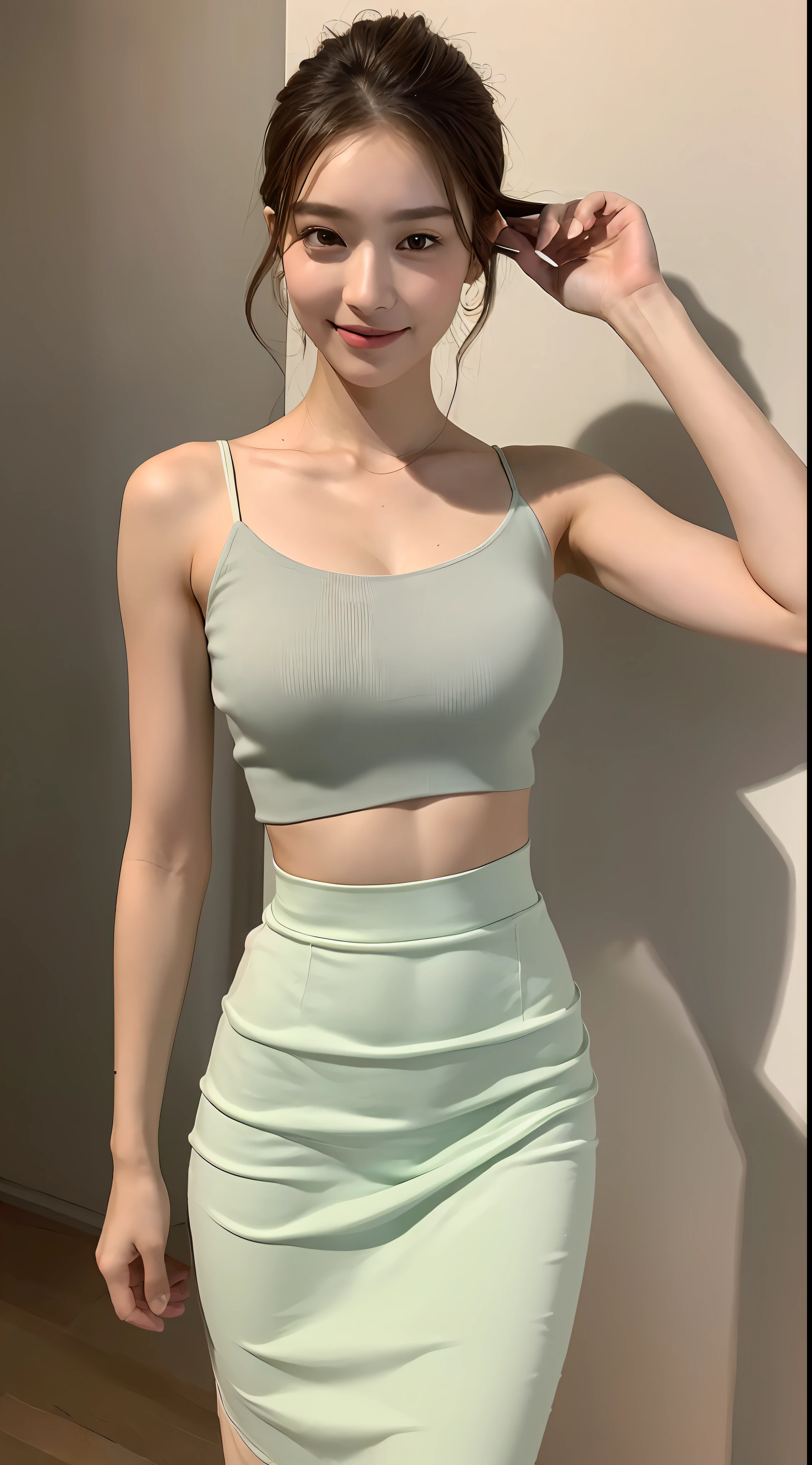 ((Best Quality, 8K, Masterpiece: 1.3)), 1girl, Slim Abs Beauty: 1.3, (Casual hairstyle, No big breasts: 1.2), Midi Skirt: 1.1, Super fine face, Delicate eyes, Double eyelids, smile, homely, tall, beautiful