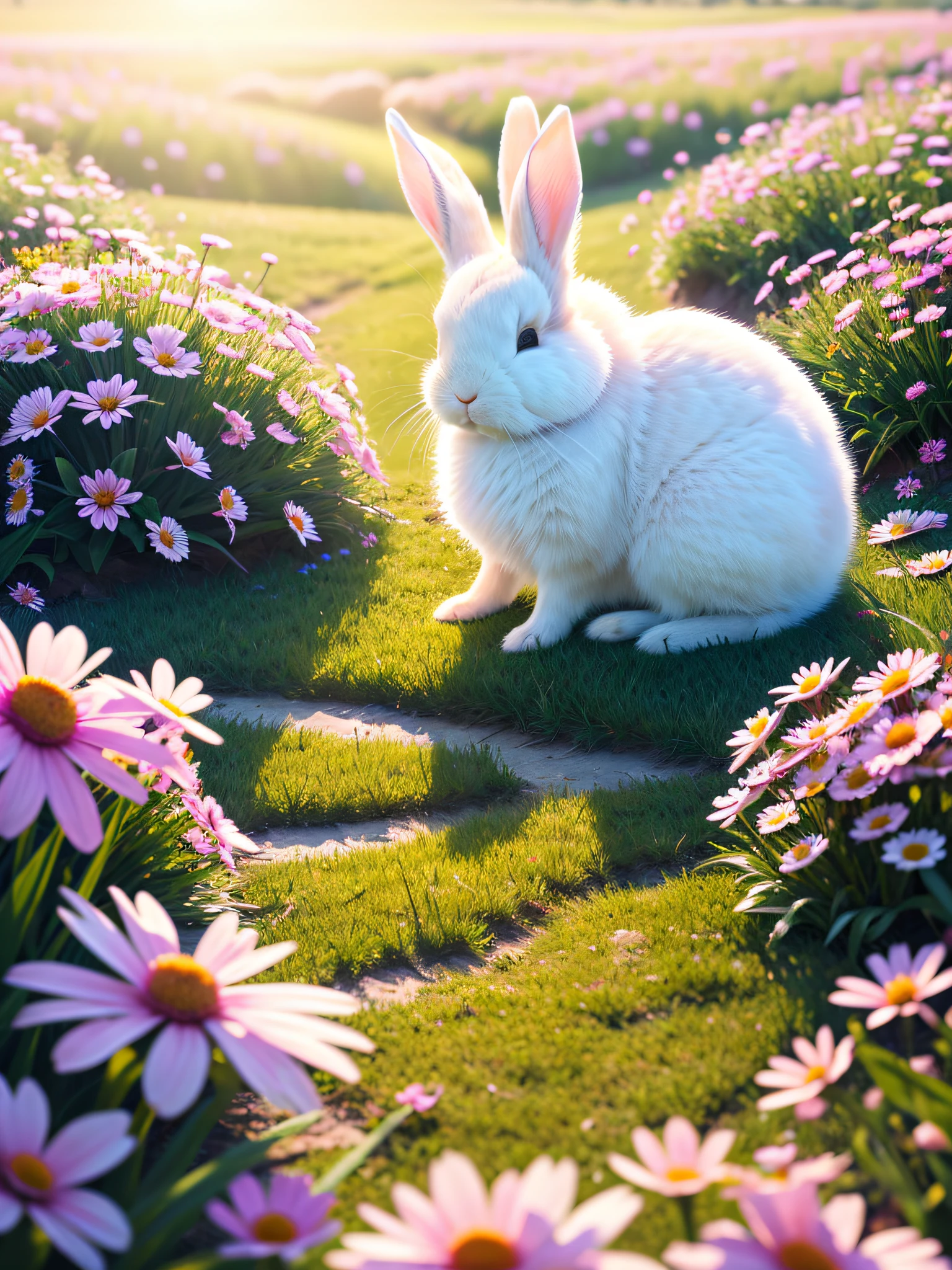 (8k wallpaper, masterpiece, best quality, super detailed), (best lighting, best shadow, extremely delicate and beautiful), (cute rabbit), (sleeping), (beautiful grass), (clouds), (colorful flowers), (rabbit head details clear), (pure white hair fine)