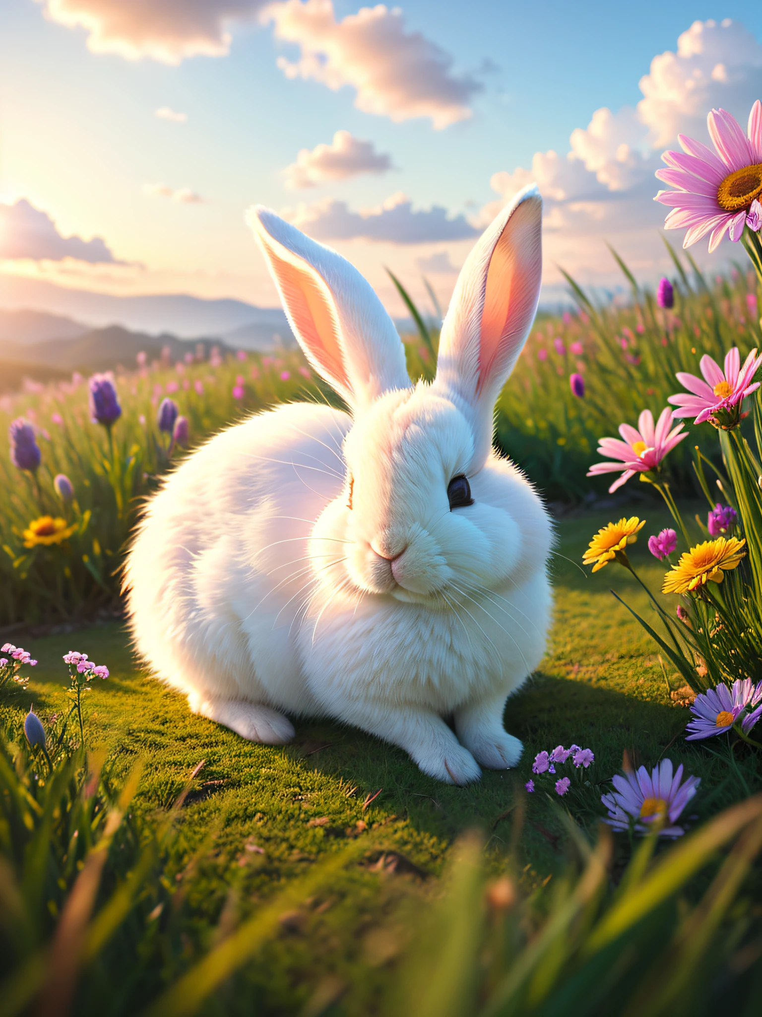 (8k wallpaper, masterpiece, best quality, super detailed), (best lighting, best shadow, extremely delicate and beautiful), (cute rabbit), (sleeping), (beautiful grass), (clouds), (colorful flowers), (rabbit head details clear), (pure white hair fine)