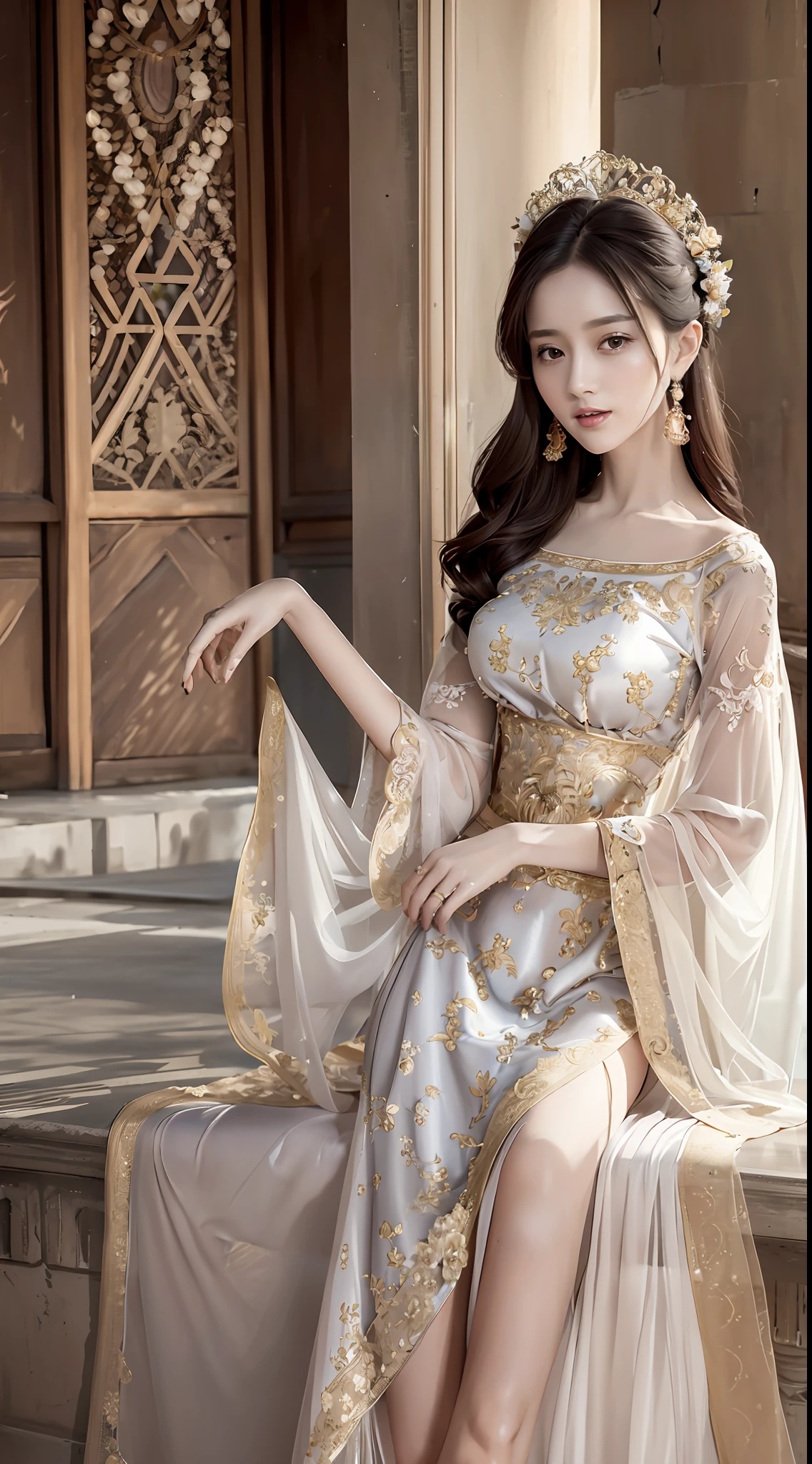 Top quality, lots of details, antique bandeau dress, artistic, beautiful, elegant, slender eyebrows, clear eyes, rosy lips, soft skin, satin long-sleeved blouse, with gold edge, antique long-sleeved dress, fuqin posture, waiting posture, palatial palace, azure sky, quiet courtyard, full body close-up