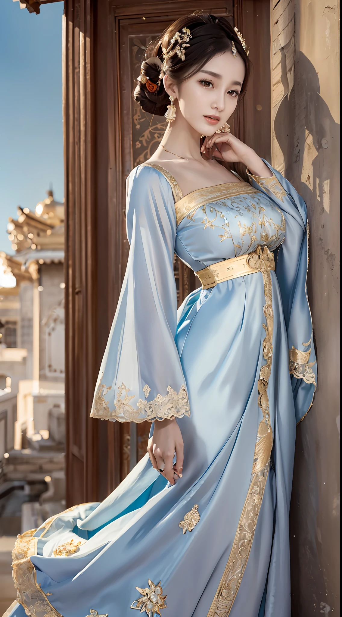 Top quality, lots of details, antique bandeau dress, artistic, beautiful, elegant, slender eyebrows, clear eyes, rosy lips, soft skin, satin long-sleeved blouse, with gold edge, antique long-sleeved dress, fuqin posture, waiting posture, palatial palace, azure sky, quiet courtyard, full body close-up