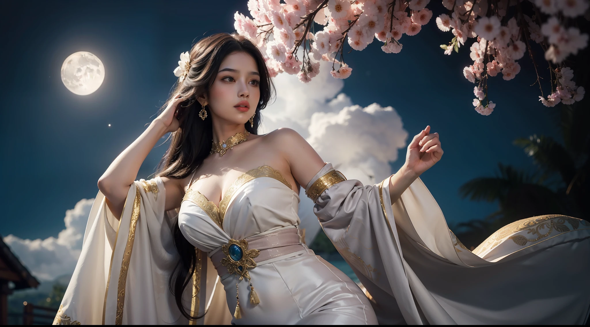 The art depicts a charming woman dressed in a flowing, silky traditional oriental dress, white, decorated with intricate patterns and bright colors. Her dress drapes elegantly over her curvy figure, accentuating her seductive silhouette. She stood gracefully in the quiet moonlit night, bathed in the soft glow of the moonlight. The scene exudes an ethereal and dreamy atmosphere, with a touch of mystery and sexiness. The graphic style blends watercolor and digital illustration techniques to evoke a refined beauty and charm. The lights are filled with soft moonlight, casting soft highlights and shadows on her charming features.